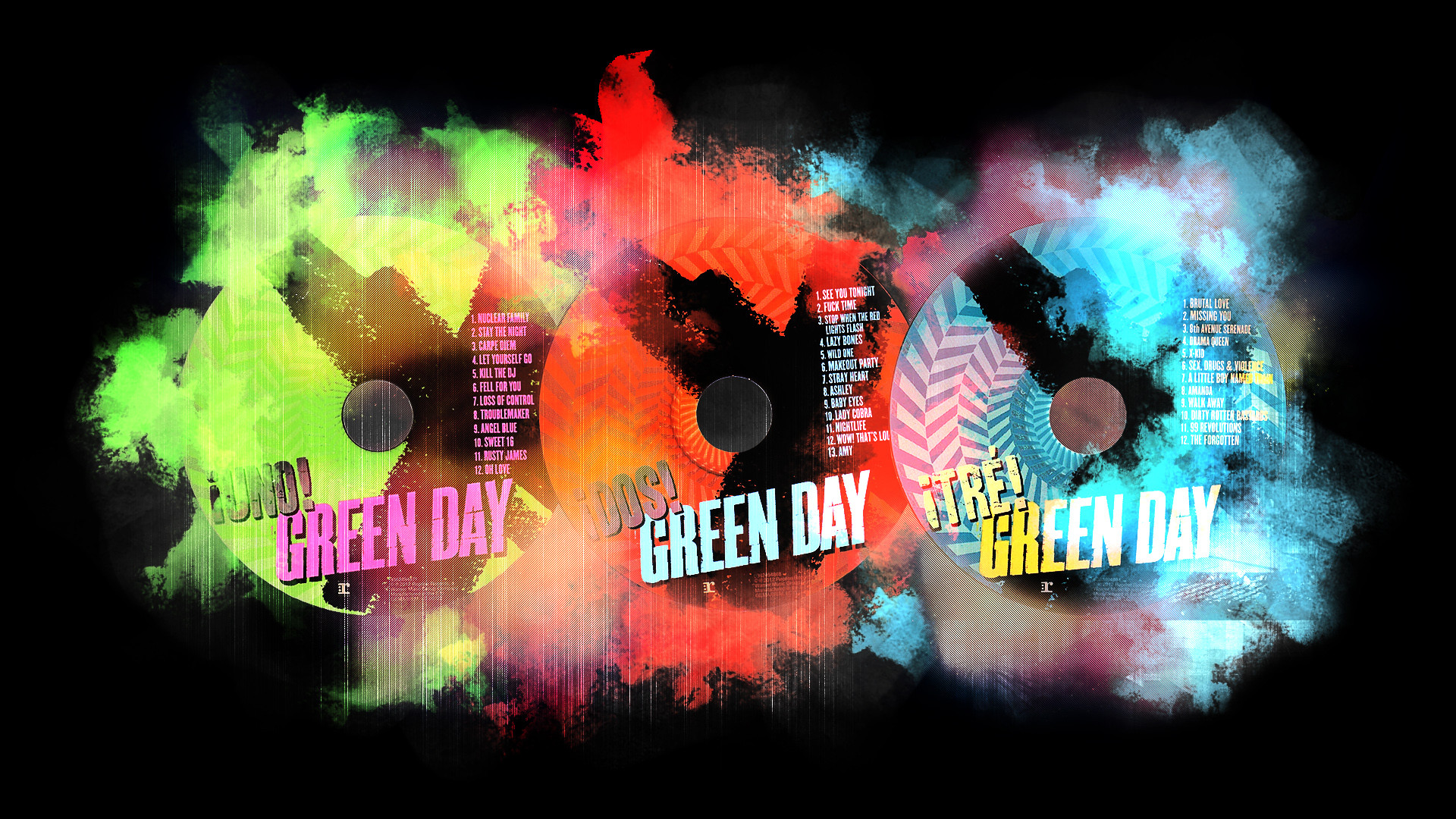 Green Day, ¡Uno! ¡Dos! ¡Tré!, Colori neon, Sfondo nero, 1920x1080, wallpaper desktop