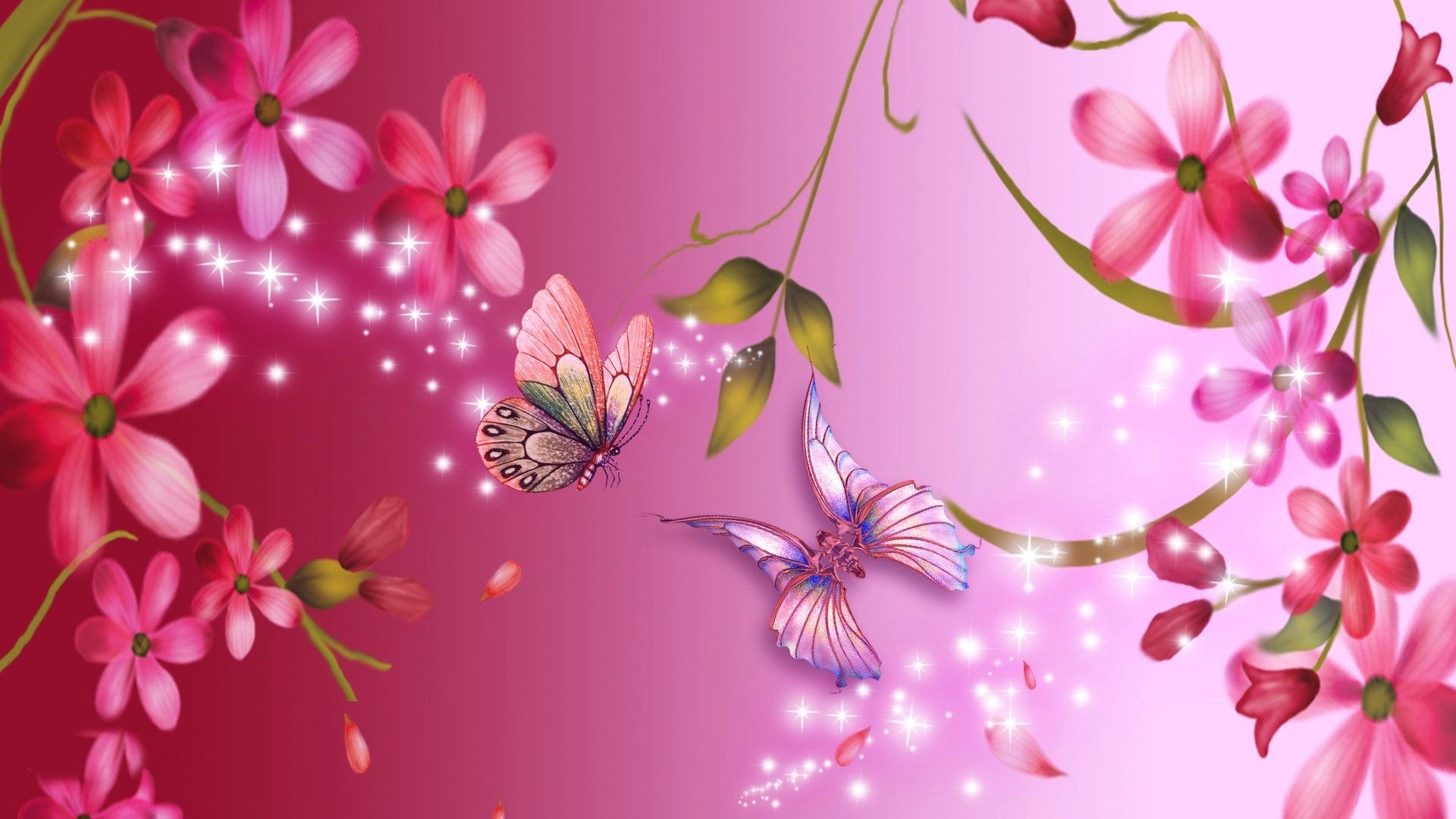 Fiori rosa, Farfalle, Brillantini, Arte digitale, Magenta, 1920x1080, sfondo per PC