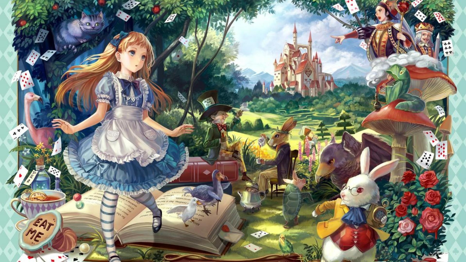 Alice, Bianconiglio, Alice nel Paese delle Meraviglie, Castello, Carte da gioco, Illustrazione, sfondo 1080p
