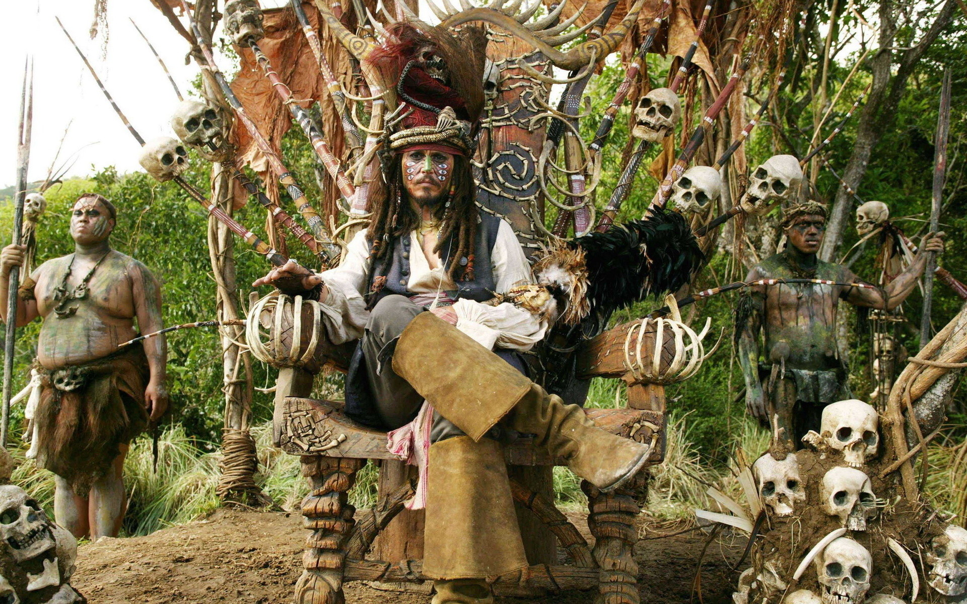 Jack Sparrow, Johnny Depp, Pirati dei Caraibi: La maledizione del forziere fantasma, Trono, Teschi, sfondo per PC