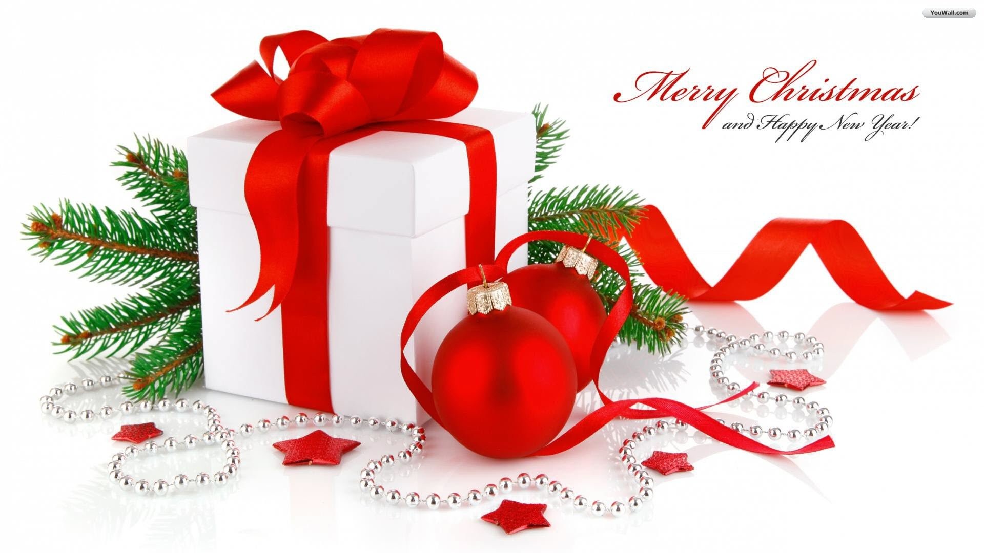 Regalo bianco, Fiocco rosso, Palline, Merry Christmas, Sfondo bianco, wallpaper 1920x1080