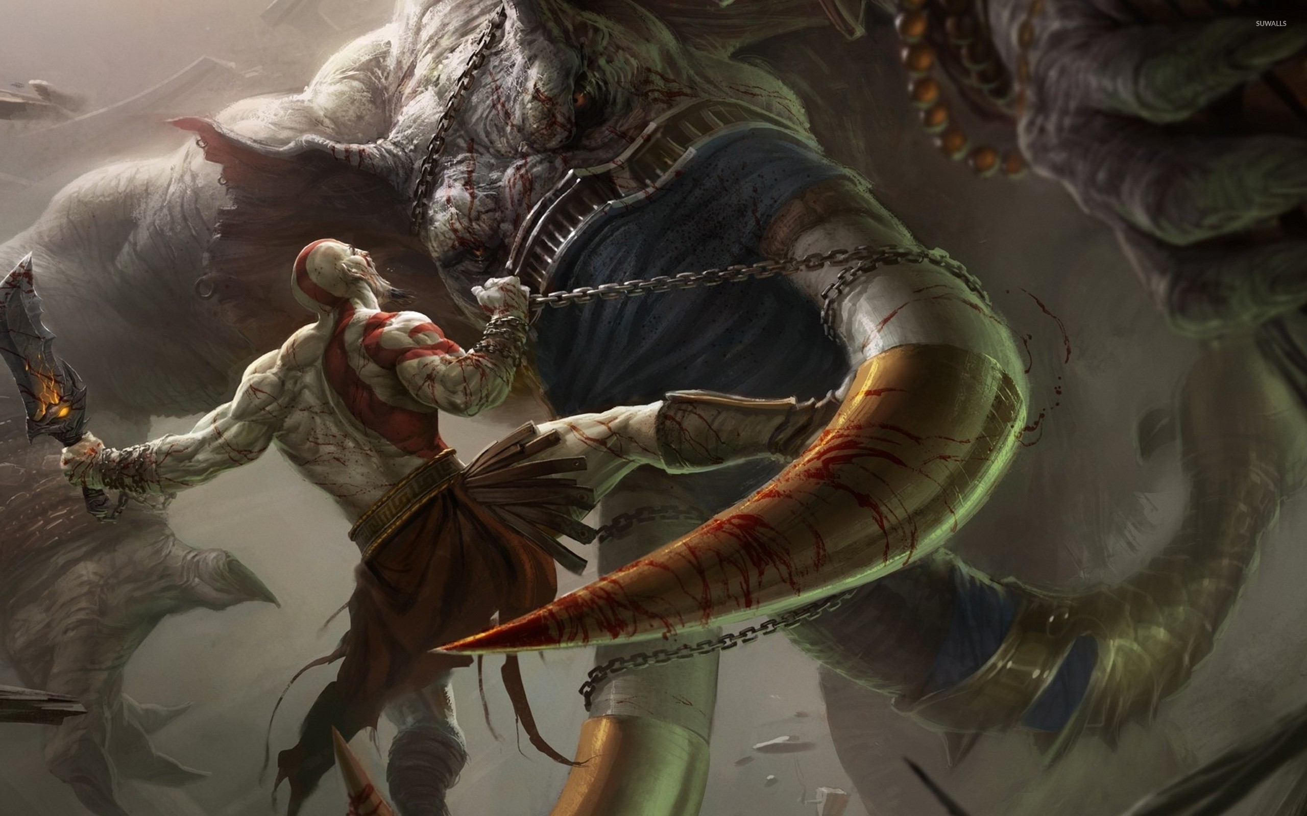 Kratos, God of War III, Titano, Lame del Caos, Combattimento, 2K, sfondo Windows 11