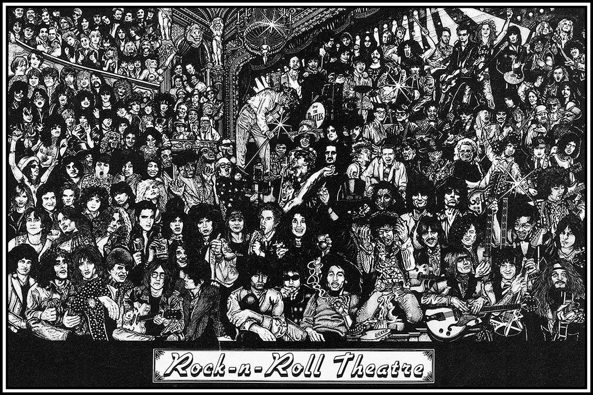 Rock-n-Roll Theatre, Illustrazione, Bianco e nero, Full HD, sfondo per portatile