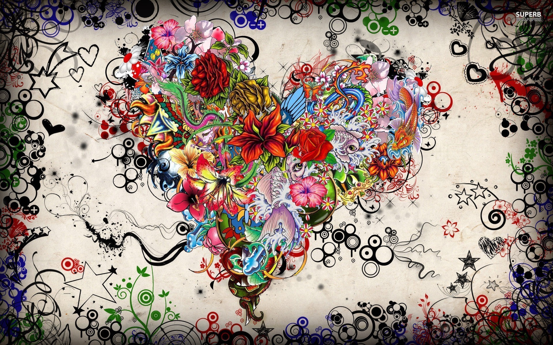 Cuore, Fiori, Illustrazione, Tatuaggio colorato, Ghirigori, Full HD, wallpaper desktop