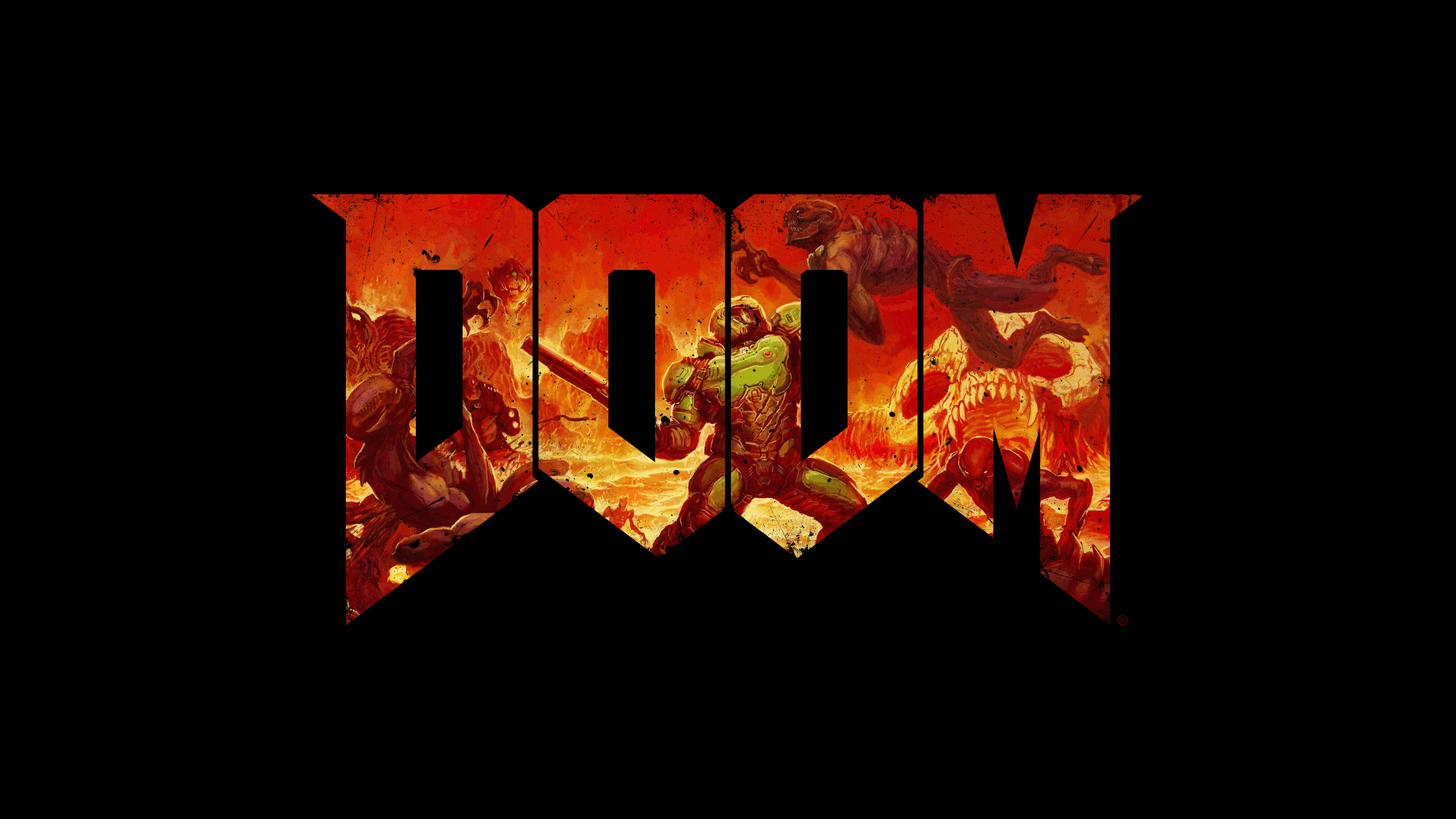 Doom, Logo, Sfondo nero, 3840x2160, wallpaper desktop