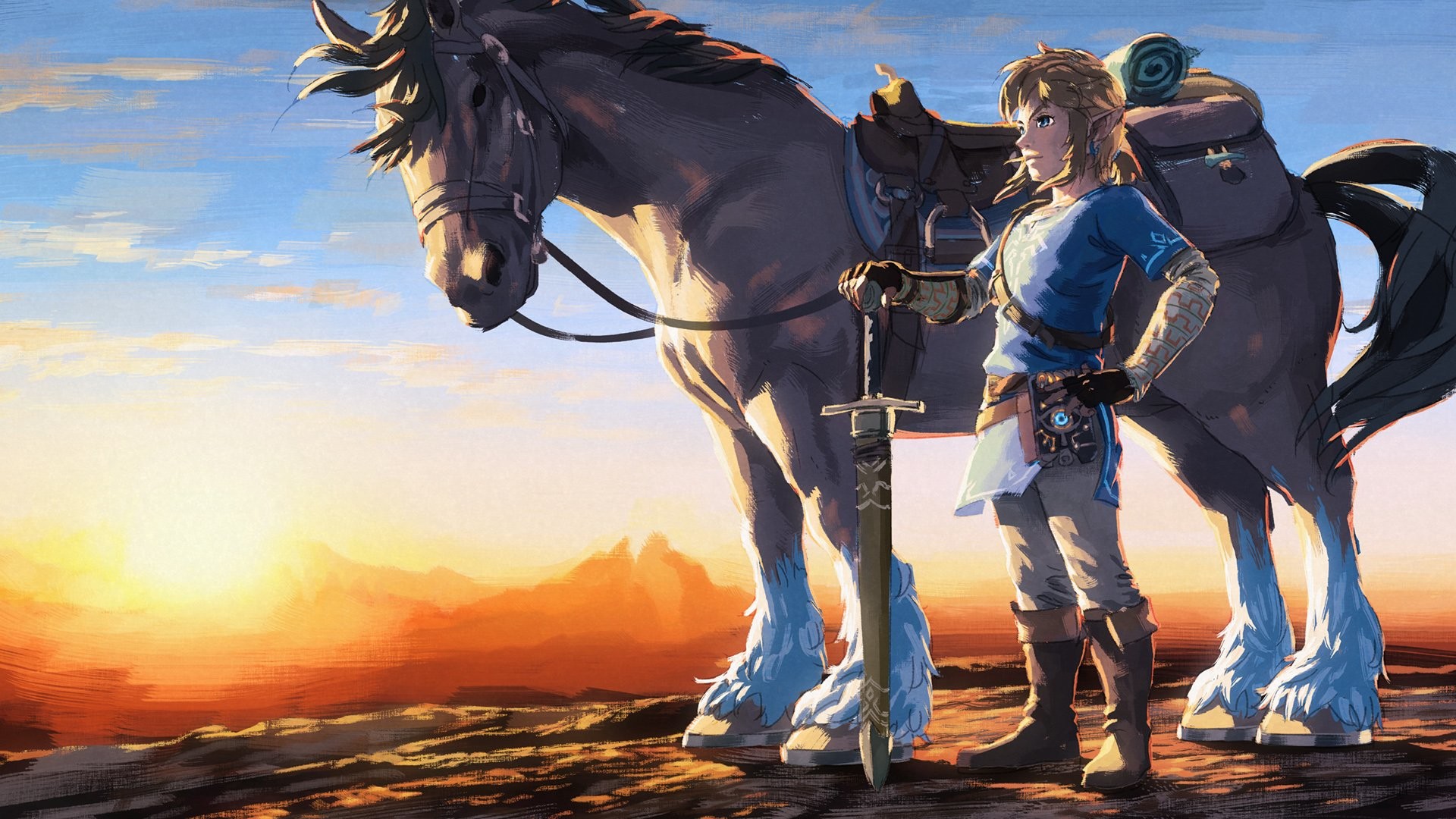Link, The Legend of Zelda: Breath of the Wild, Cavallo, Tramonto, sfondo Full HD per PC