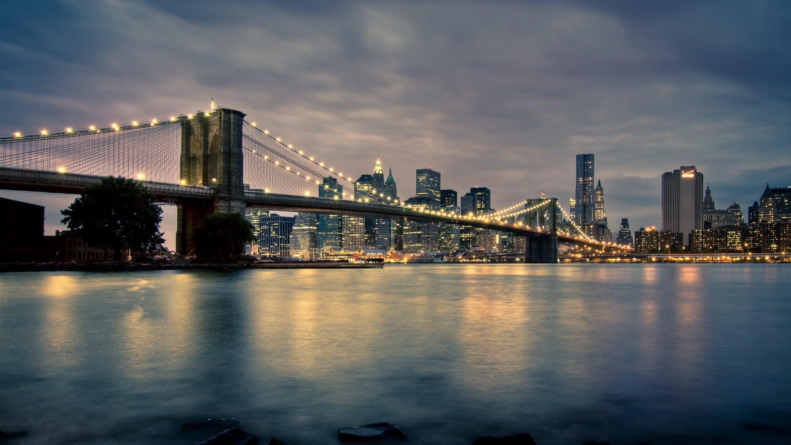 Ponte di Brooklyn, Lower Manhattan, New York, Crepuscolo, 16:9 2K, wallpaper widescreen