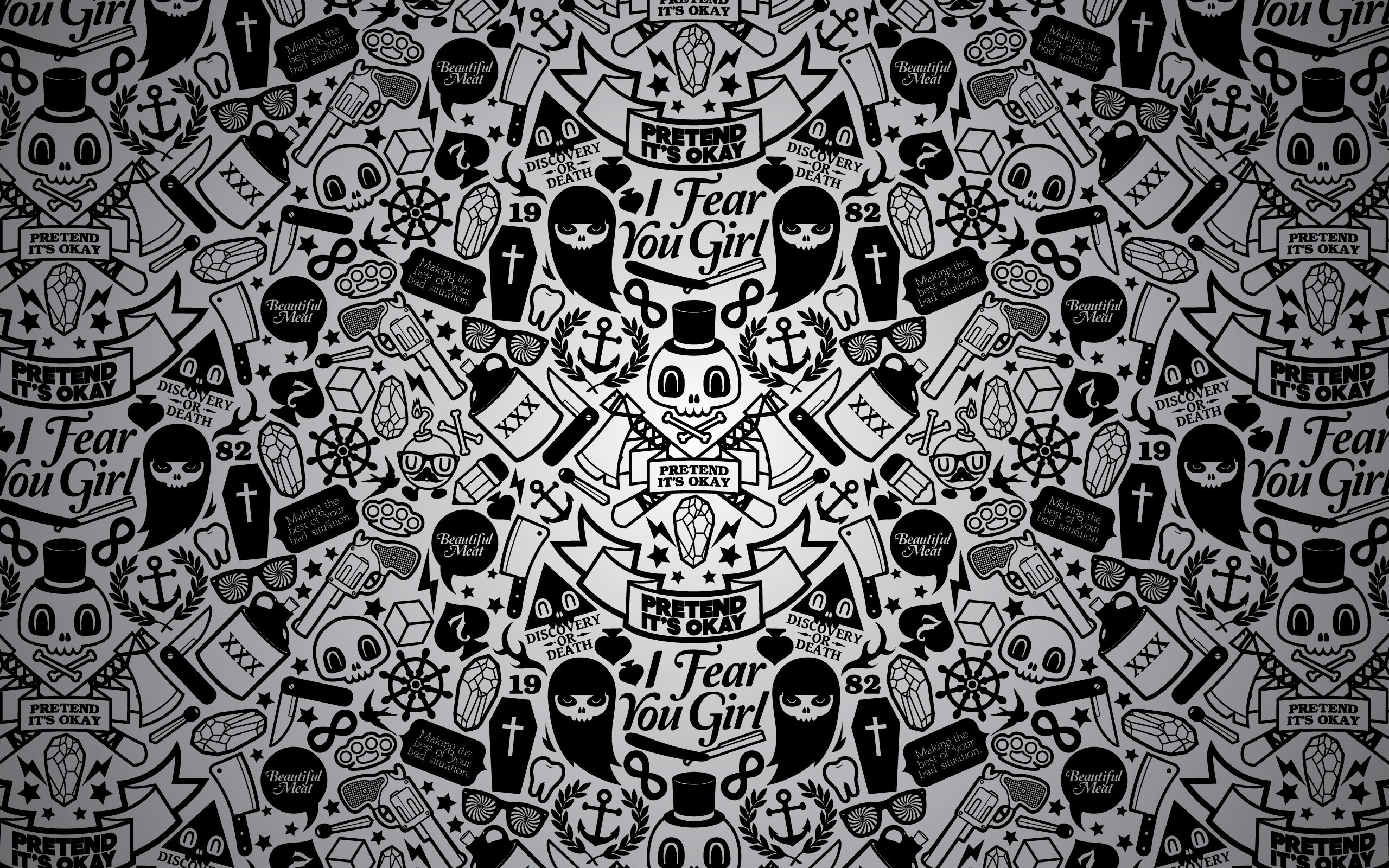Motivo sticker, Teschi, Doodle, Bianco e nero, 2K, sfondo desktop