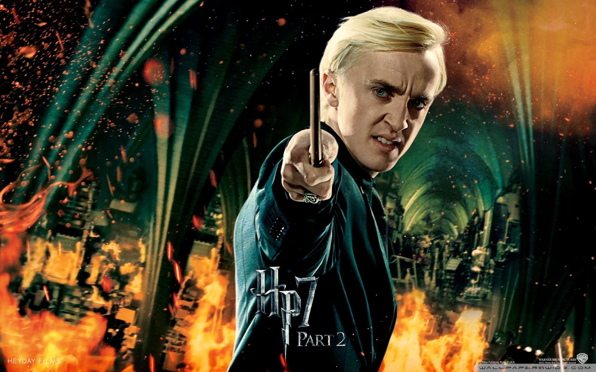 Draco Malfoy, Tom Felton, Harry Potter e i Doni della Morte - Parte 2, Bacchetta, Fiamme, wallpaper desktop