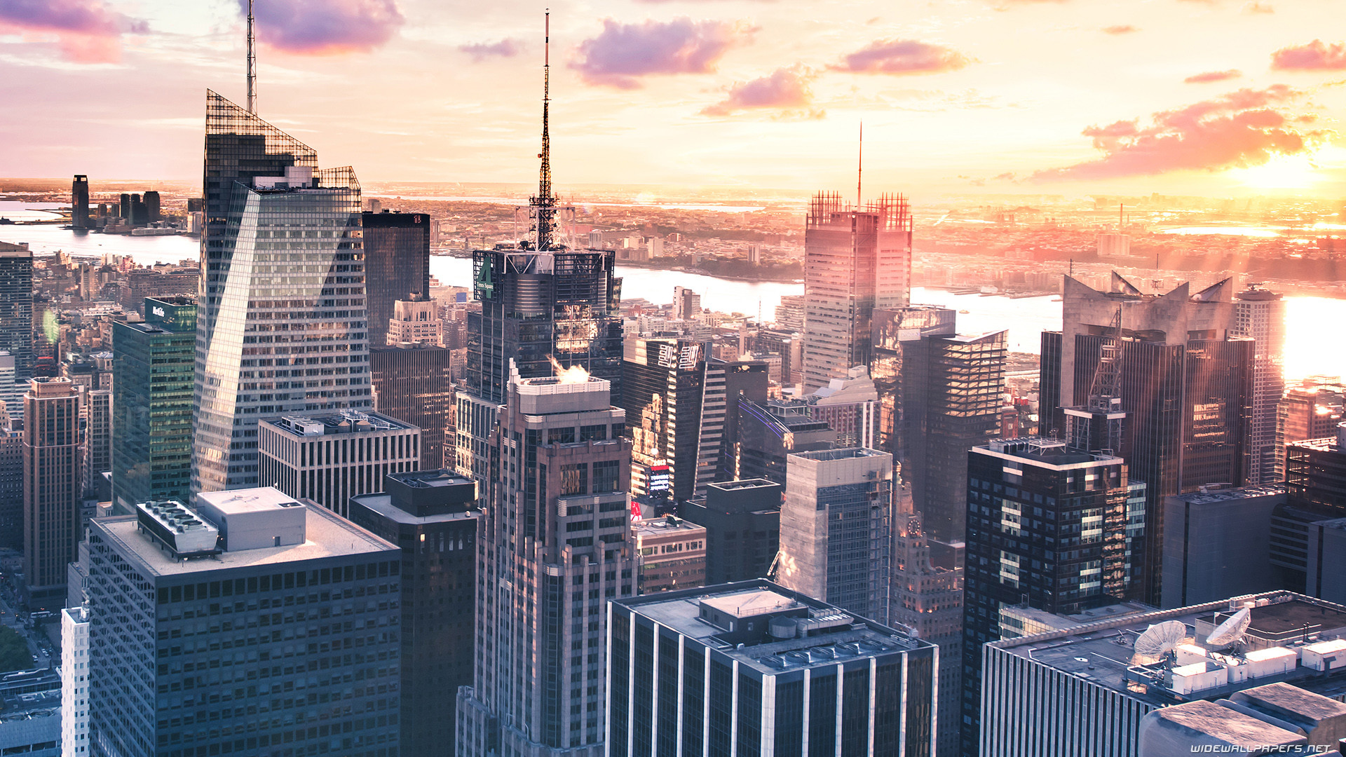 Bank of America Tower, Midtown Manhattan, New York, Tramonto, Full HD, wallpaper desktop