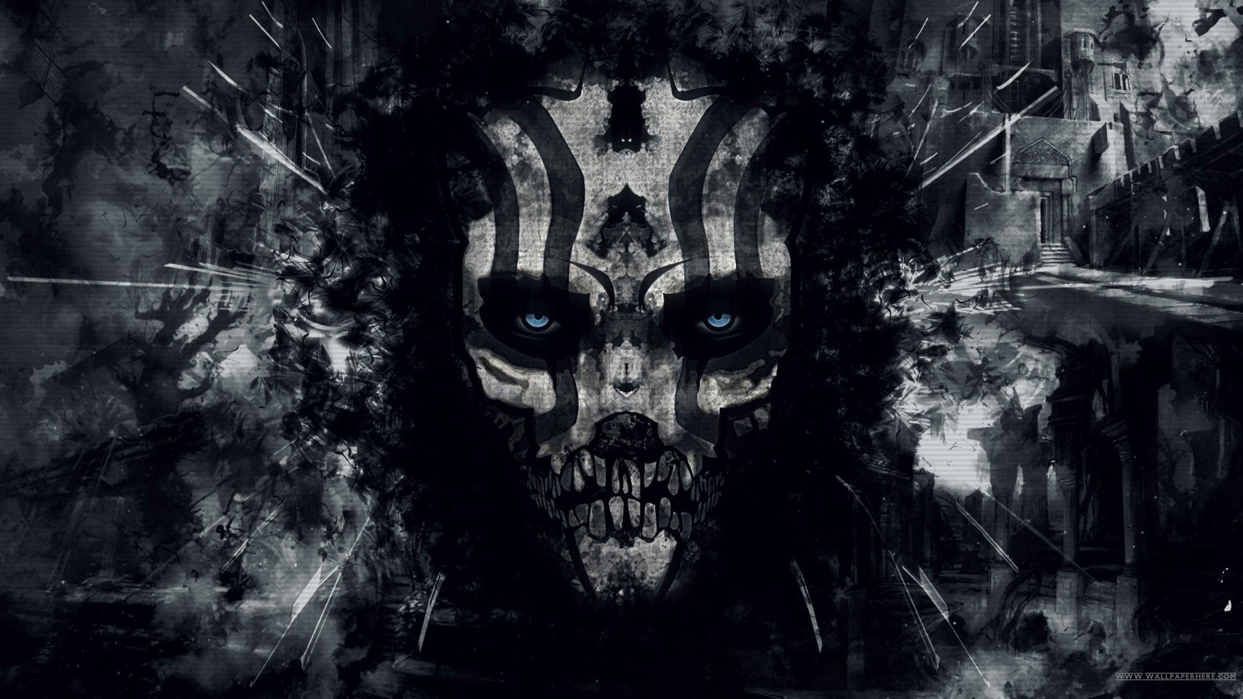 Maschera, Teschio, Arte astratta, Toni scuri, 2560x1440, sfondo per PC