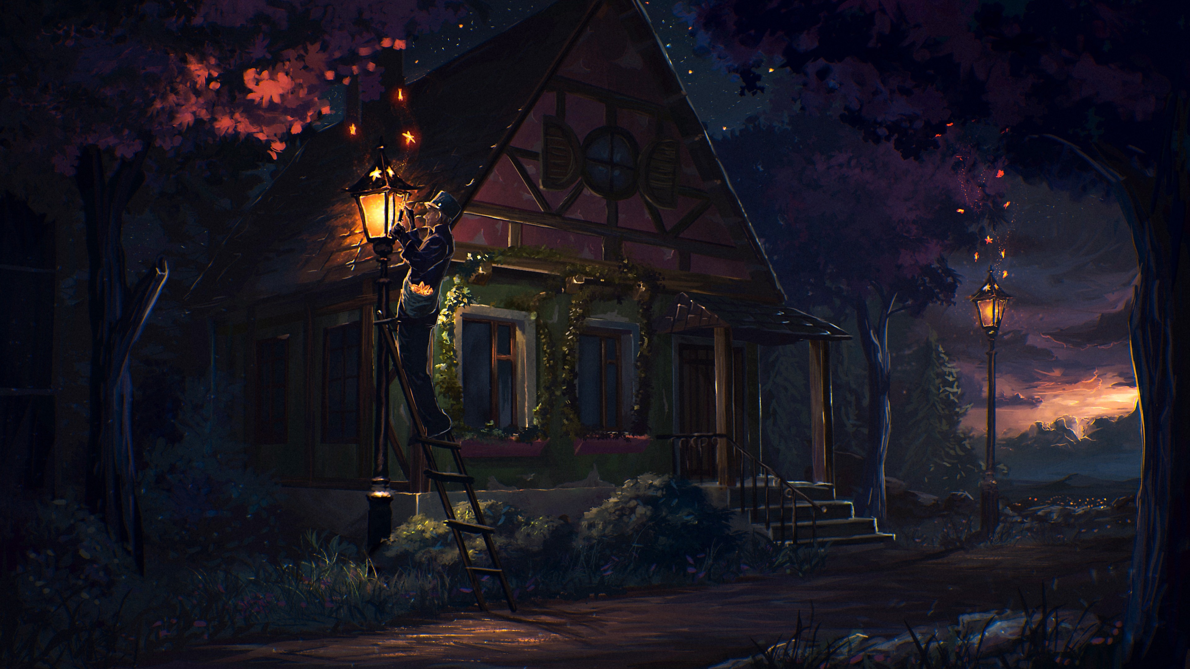 Casa nel bosco, Lanterne, Notte, Arte digitale, 3840x2160, immagine di sfondo