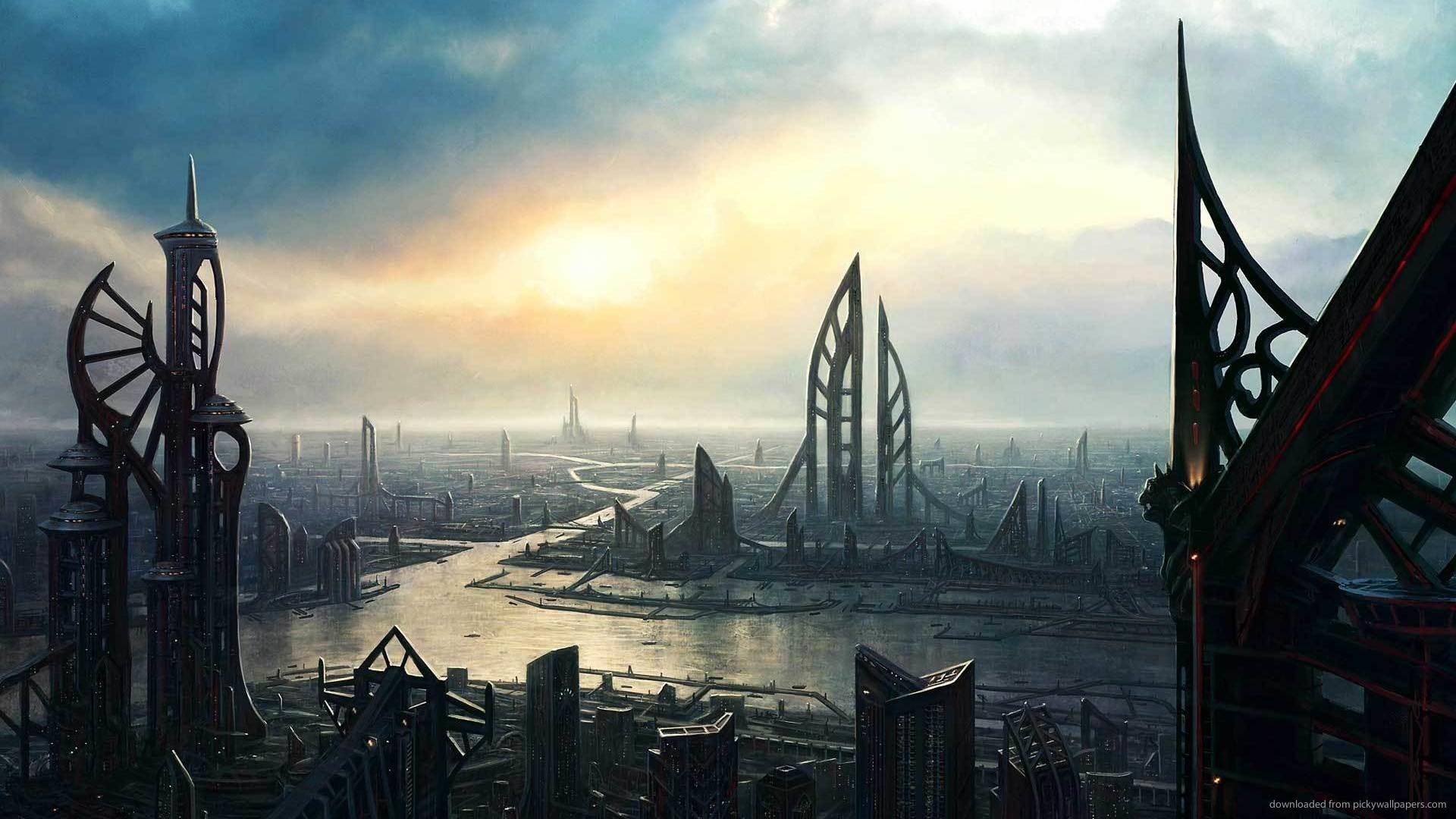 Città futuristica, Fiume, Guglie, Cielo nuvoloso, Fantascienza, 1920x1080, wallpaper desktop
