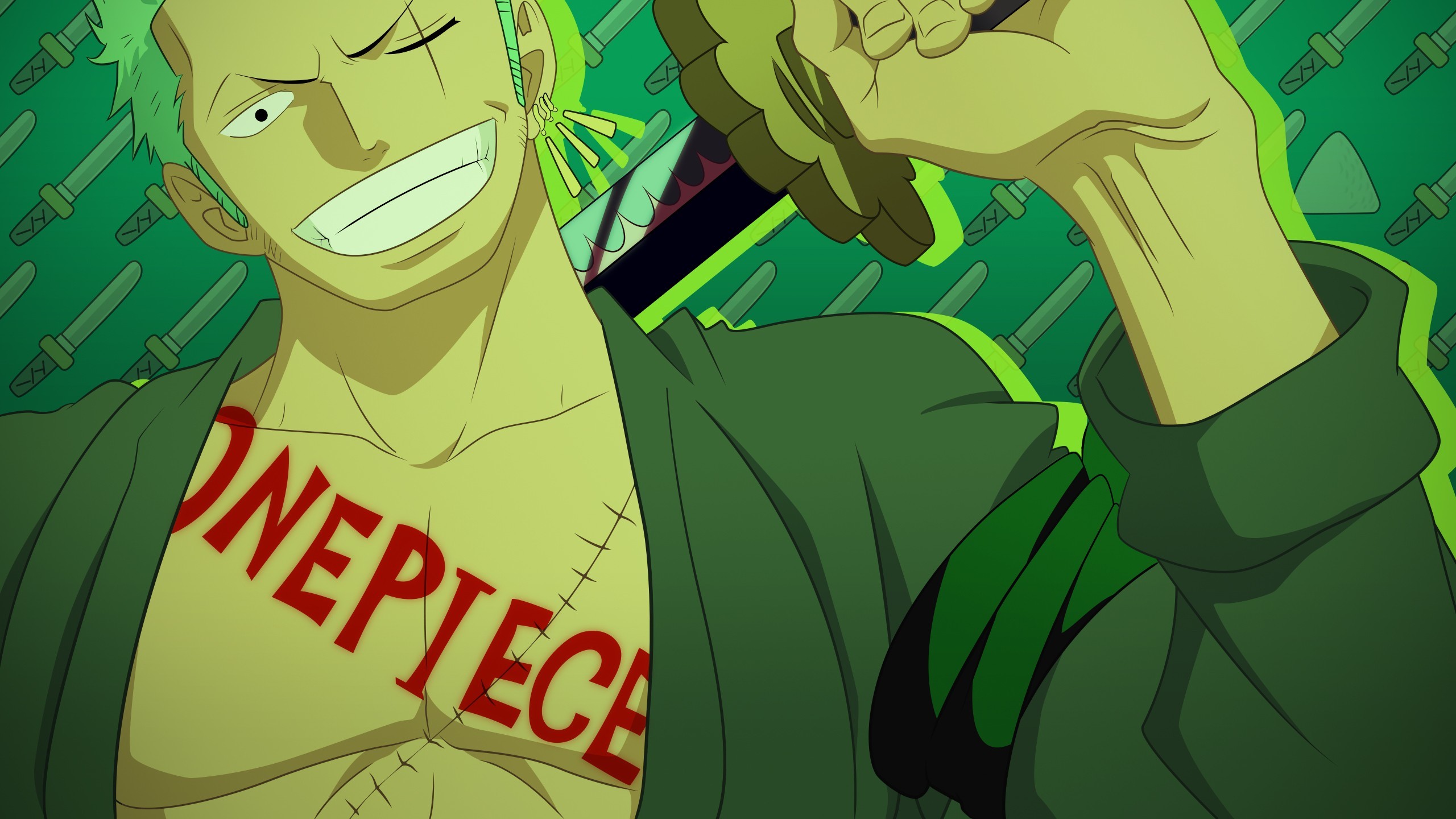 Roronoa Zoro, One Piece, Sorriso, Cicatrice, Sfondo verde, 2K, wallpaper desktop