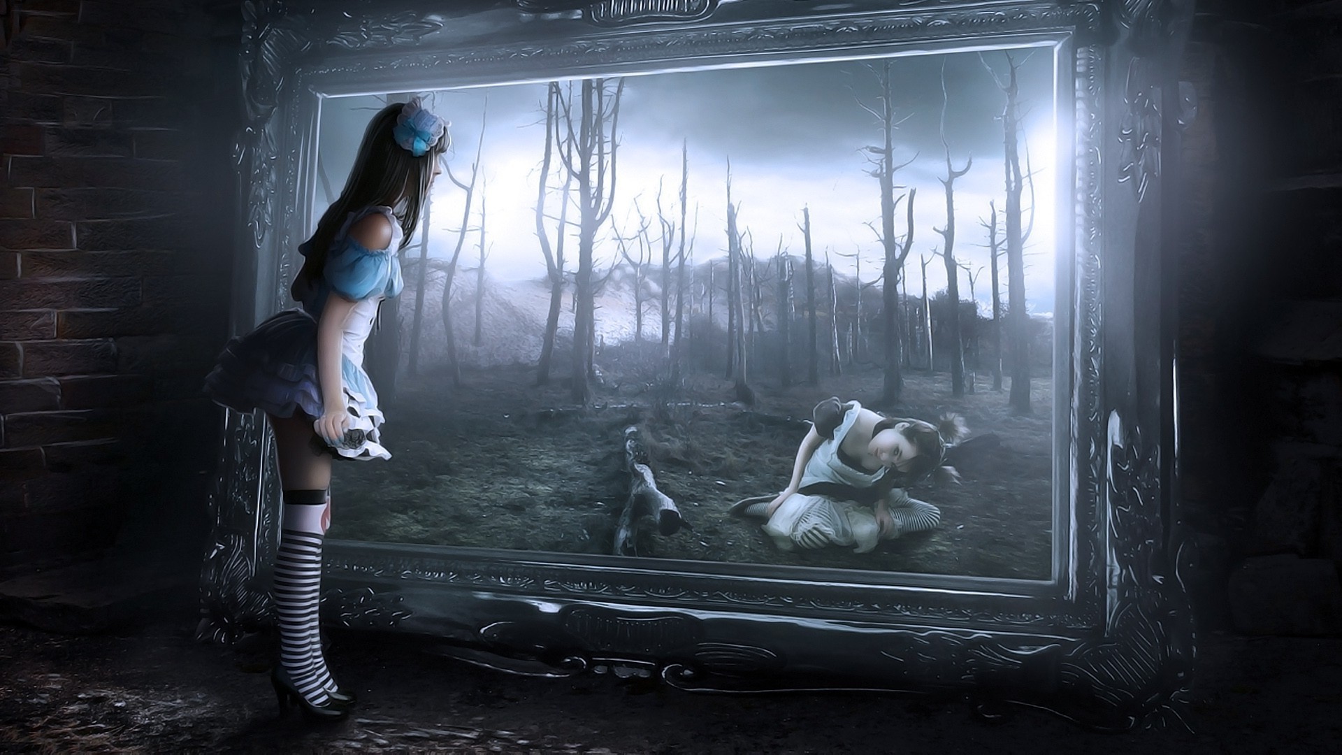 Alice, Specchio, Bosco spoglio, Arte gotica, Full HD, sfondo desktop