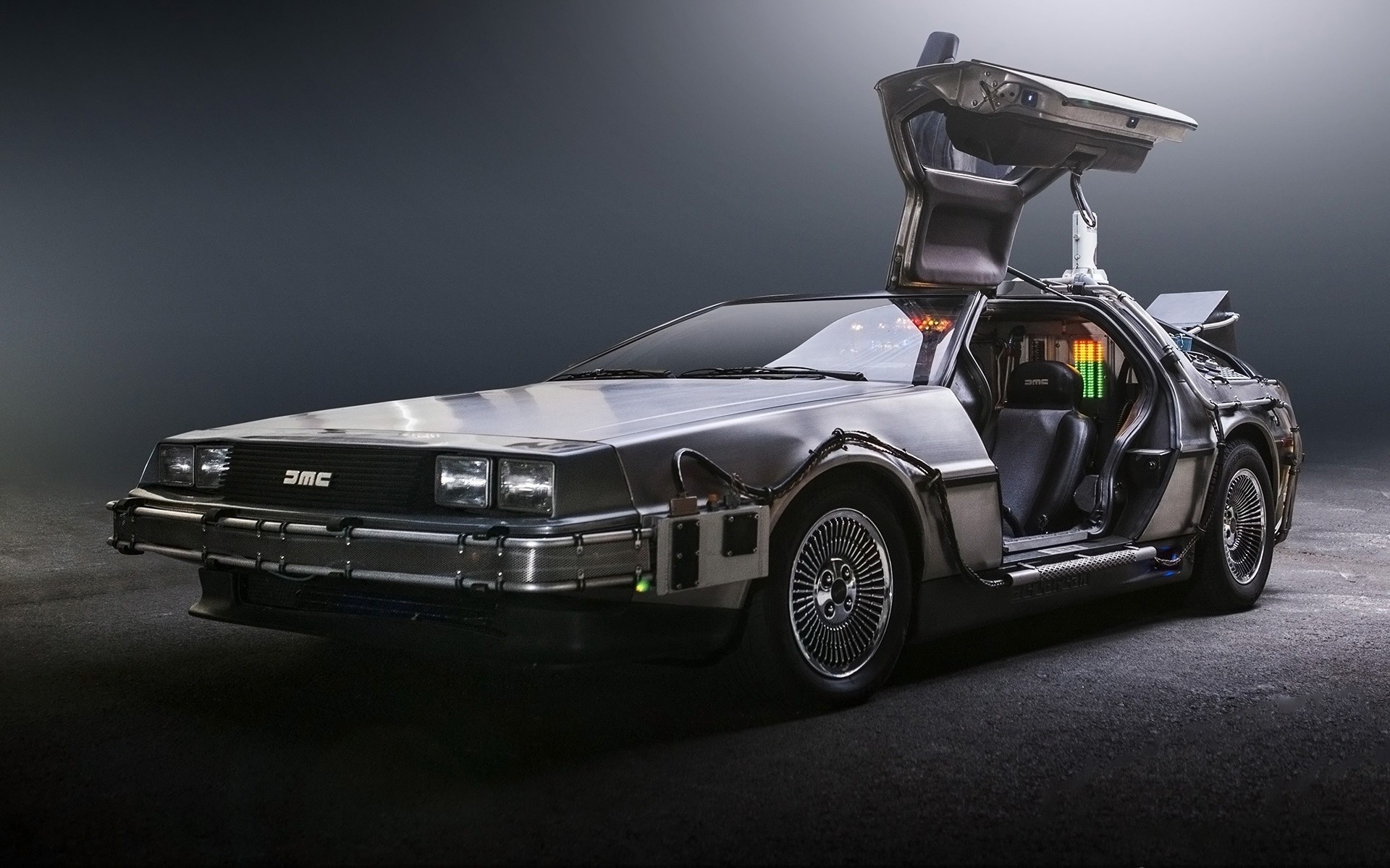 DeLorean DMC-12, Ritorno al futuro, Portiere ad ali di gabbiano, Sfondo scuro, wallpaper Full HD
