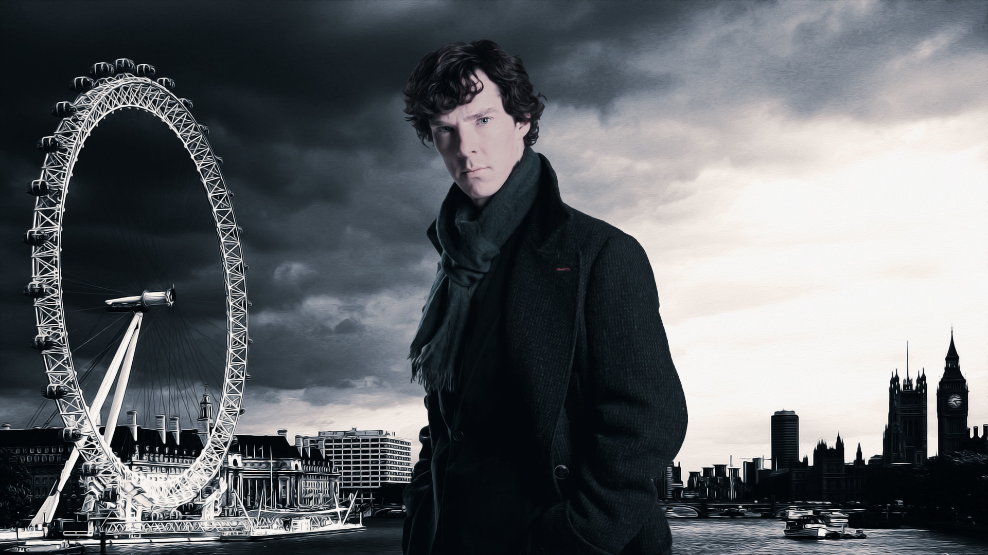 Sherlock Holmes, Benedict Cumberbatch, Sherlock, London Eye, Londra, Cielo nuvoloso, sfondo per PC