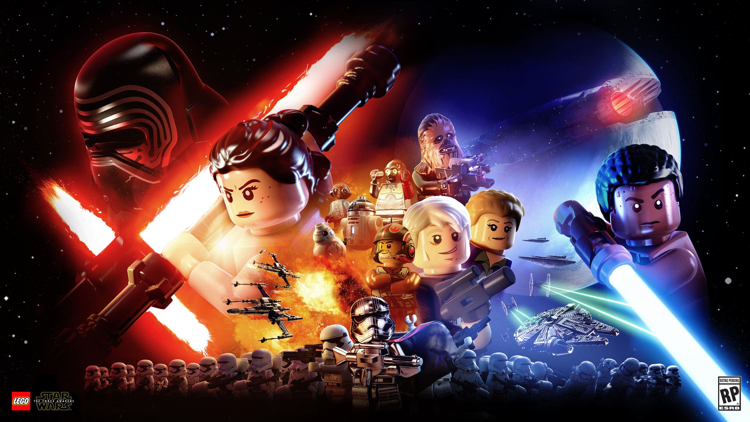 LEGO Star Wars: Il risveglio della Forza, Kylo Ren, Rey, Finn, Spade laser, wallpaper 2560x1440