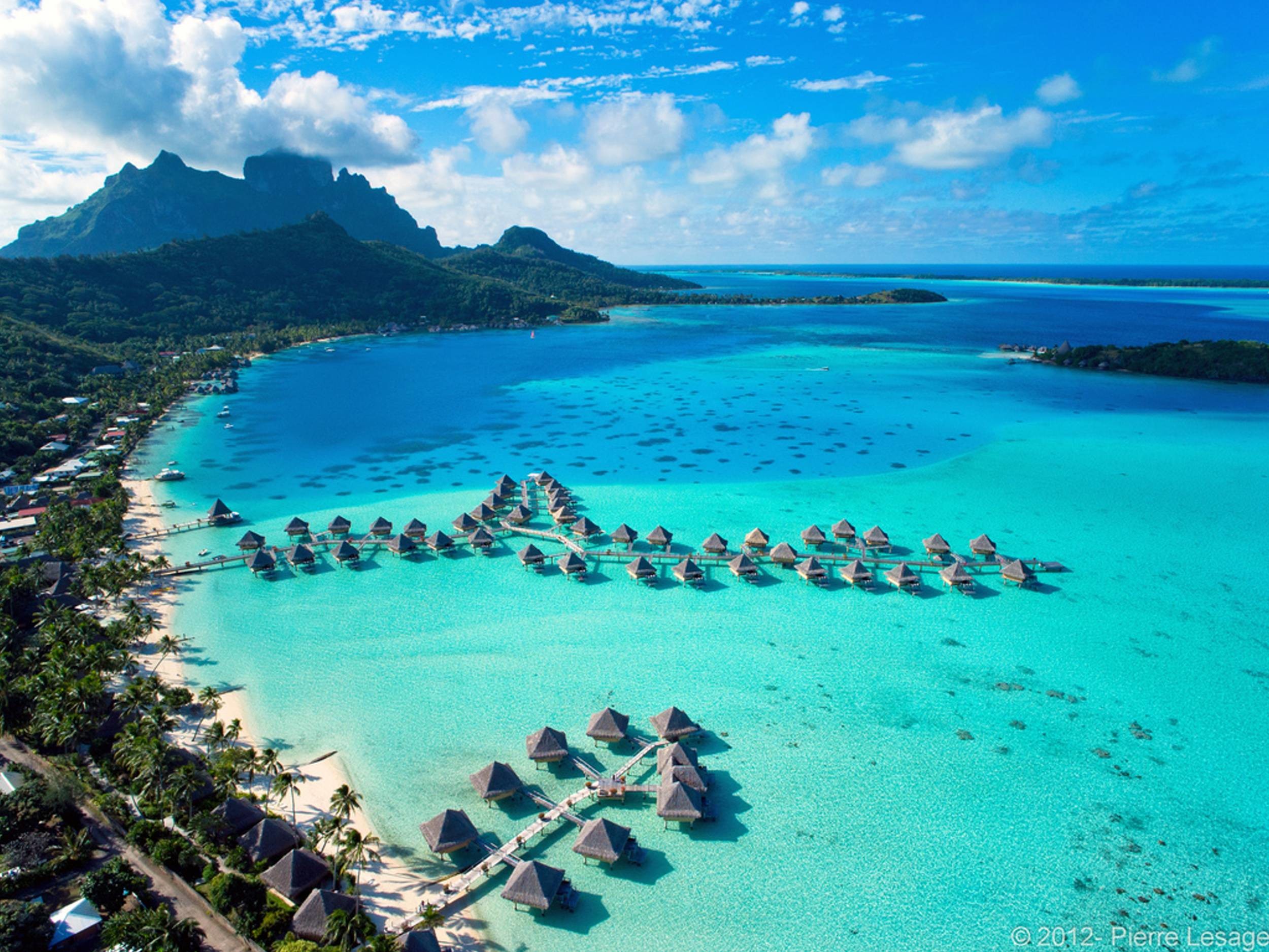 Bora Bora, Monte Otemanu, Bungalow sull'acqua, Vista aerea, Full HD, sfondo per iPad e tablet