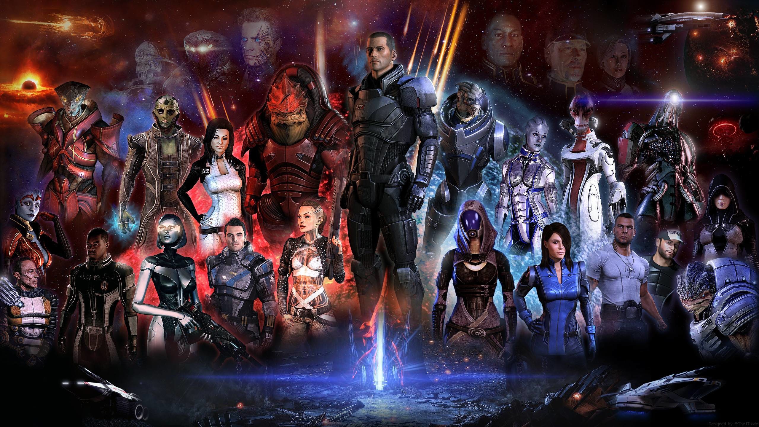 Mass Effect, Comandante Shepard, Garrus Vakarian, Tali'Zorah, Wrex, Squadra, sfondo 2K