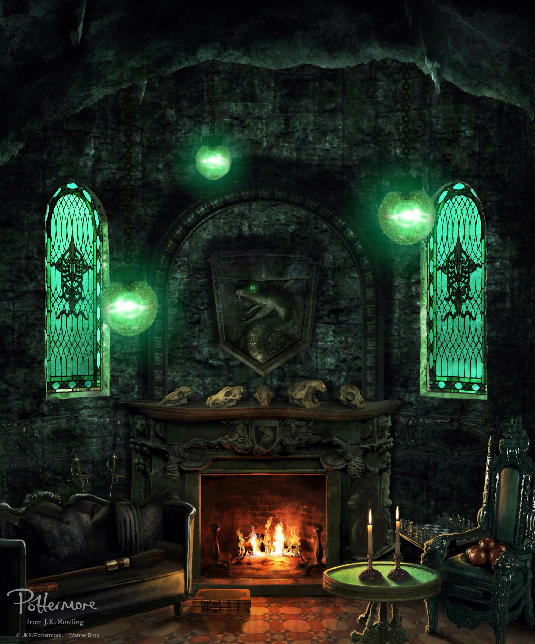 Sala comune di Serpeverde, Serpeverde, Harry Potter, Hogwarts, Camino, Luci verdi, sfondo iPad