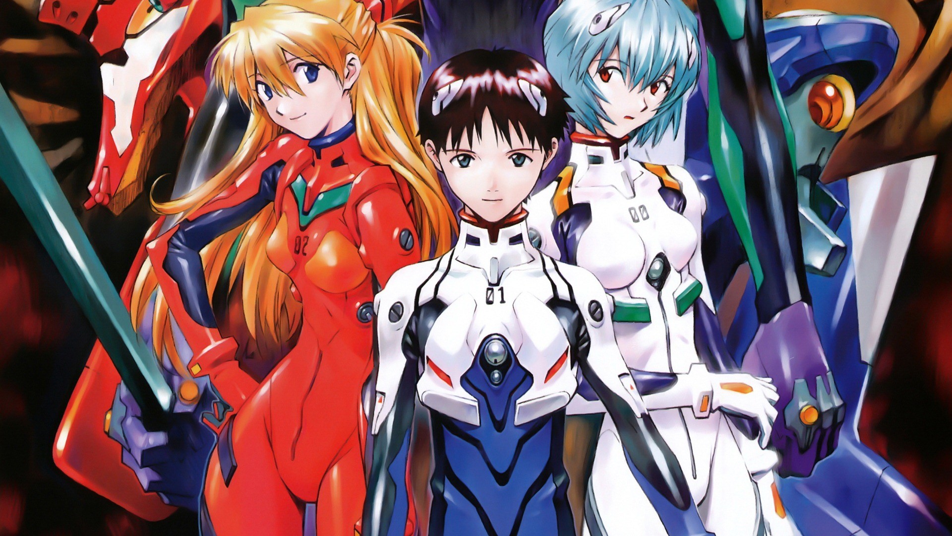 Asuka Langley Soryu, Shinji Ikari, Rei Ayanami, Evangelion Unità-01, Neon Genesis Evangelion, Plugsuit, sfondo 1080p