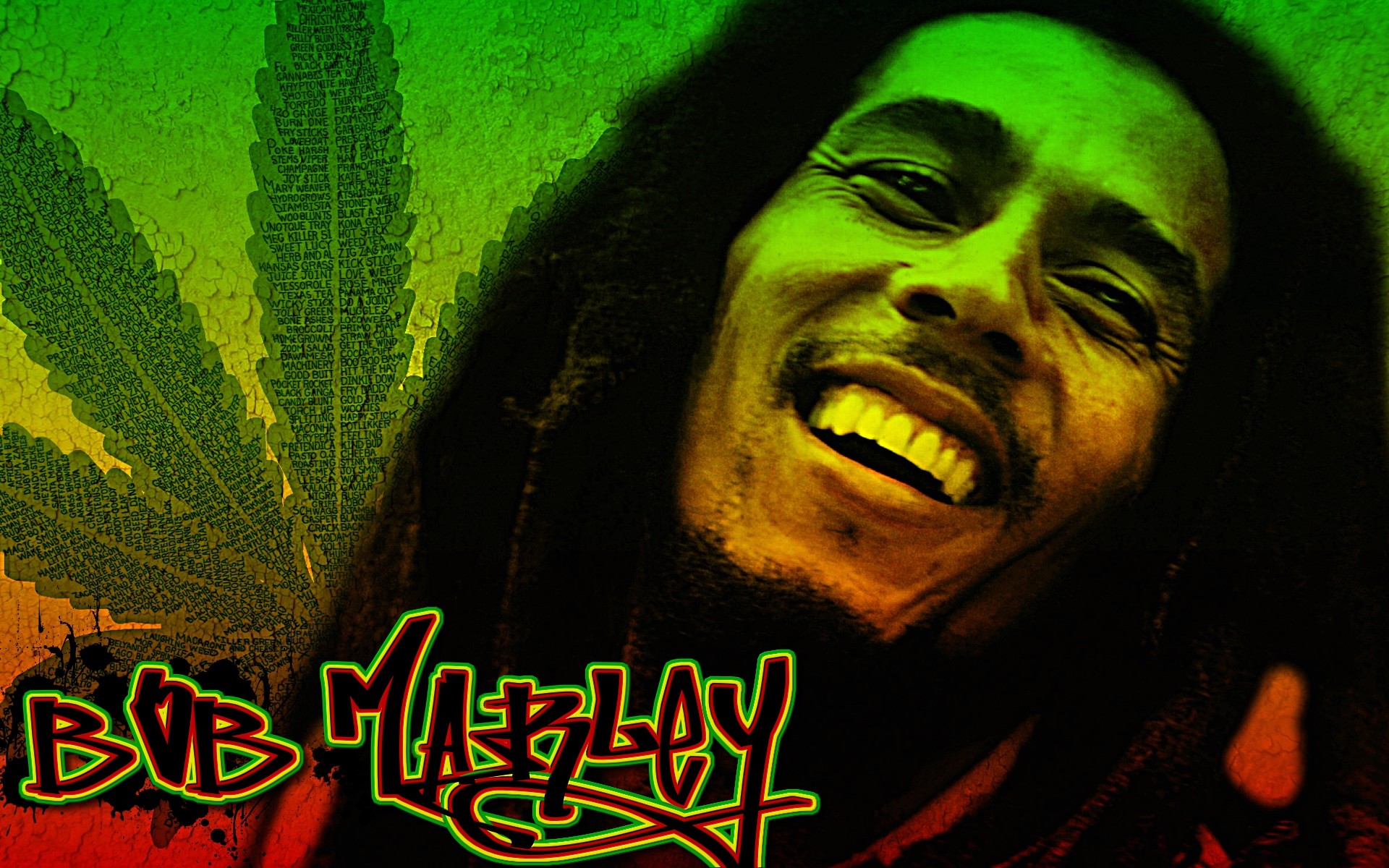 Bob Marley, Graffiti, Foglia di cannabis, Sorriso, 16:10 Full HD, sfondo widescreen
