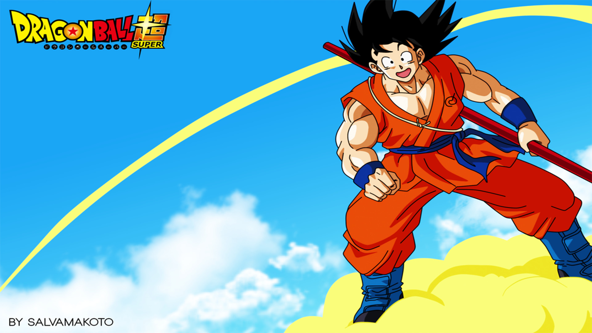 Son Goku, Nuvola Speedy, Bastone Nyoibo, Dragon Ball Super, Cielo azzurro, sfondo 16:9 Full HD