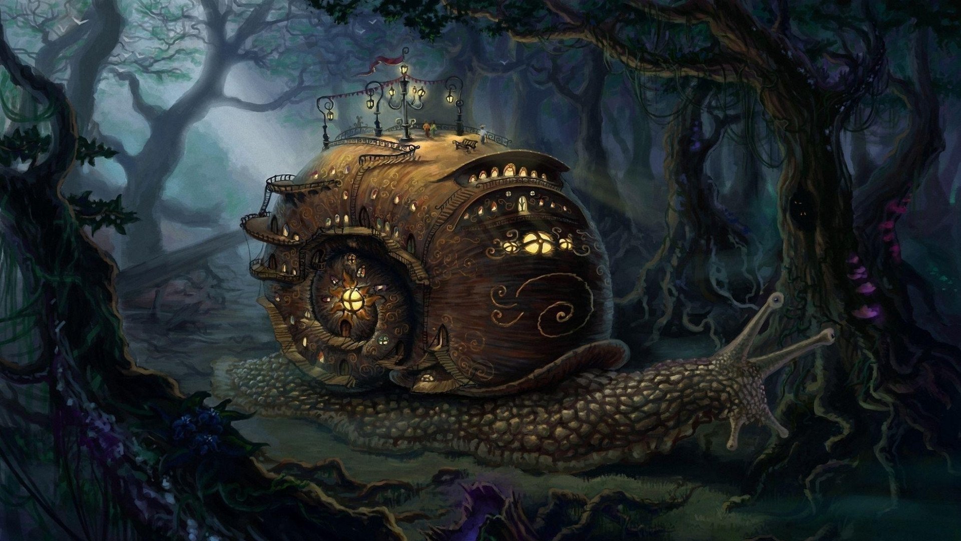 Lumaca meccanica, Foresta, Steampunk, Fantasy, Full HD, sfondo desktop