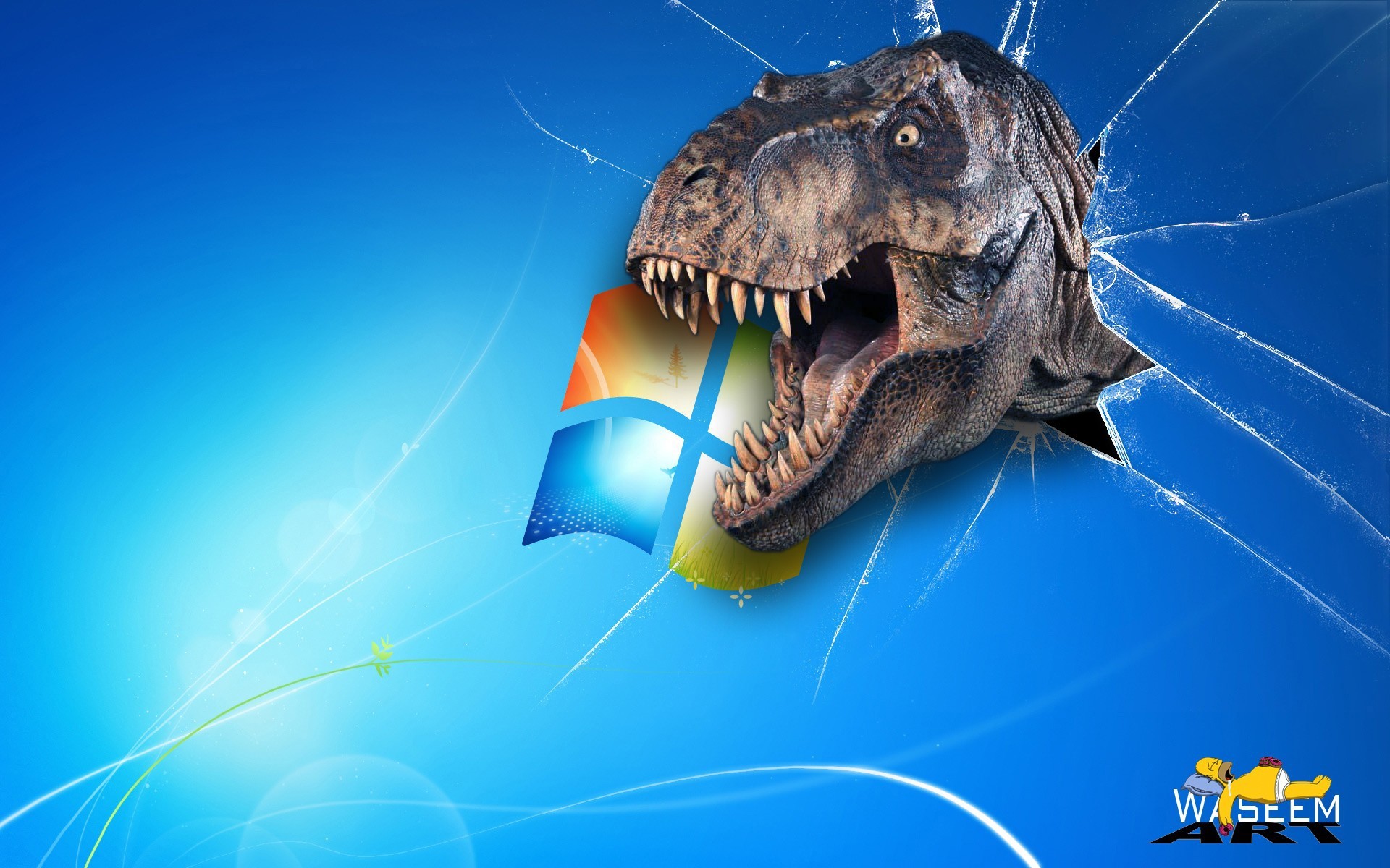 Windows 7, Logo Windows, Tyrannosaurus rex, Vetro rotto, Full HD, sfondo per PC e portatile