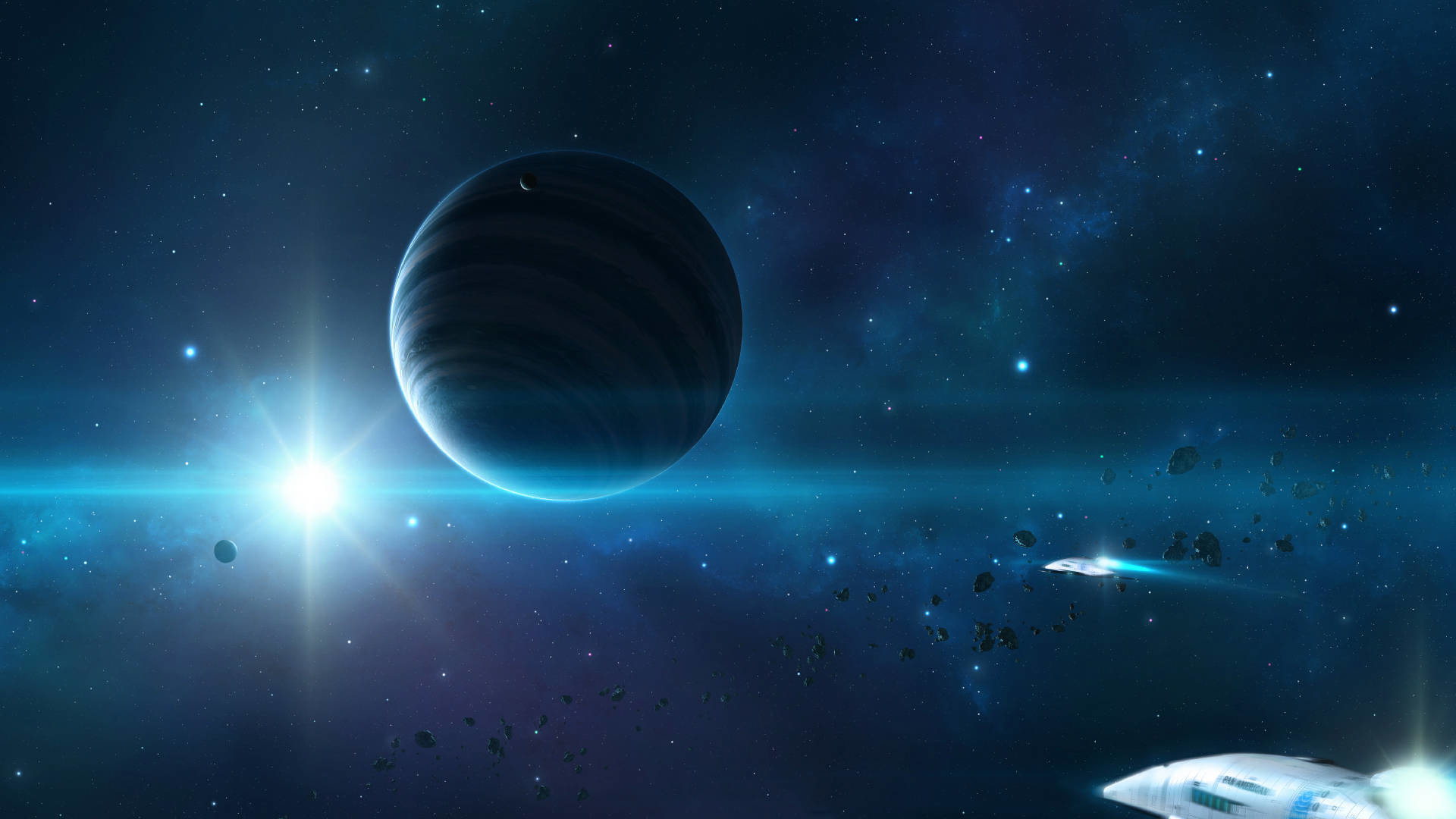 Pianeta, Astronave, Asteroidi, Fantascienza, Blu, Full HD, sfondo desktop