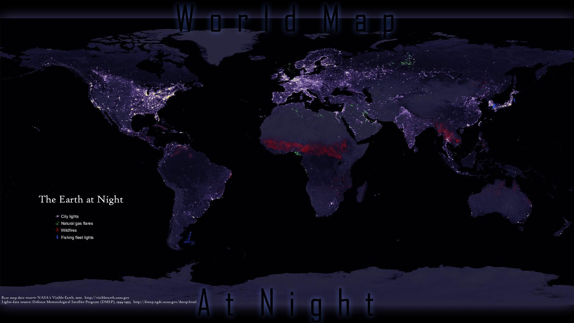 Mappa del mondo, Terra di notte, Luci delle città, Notte, 1920x1080, wallpaper desktop