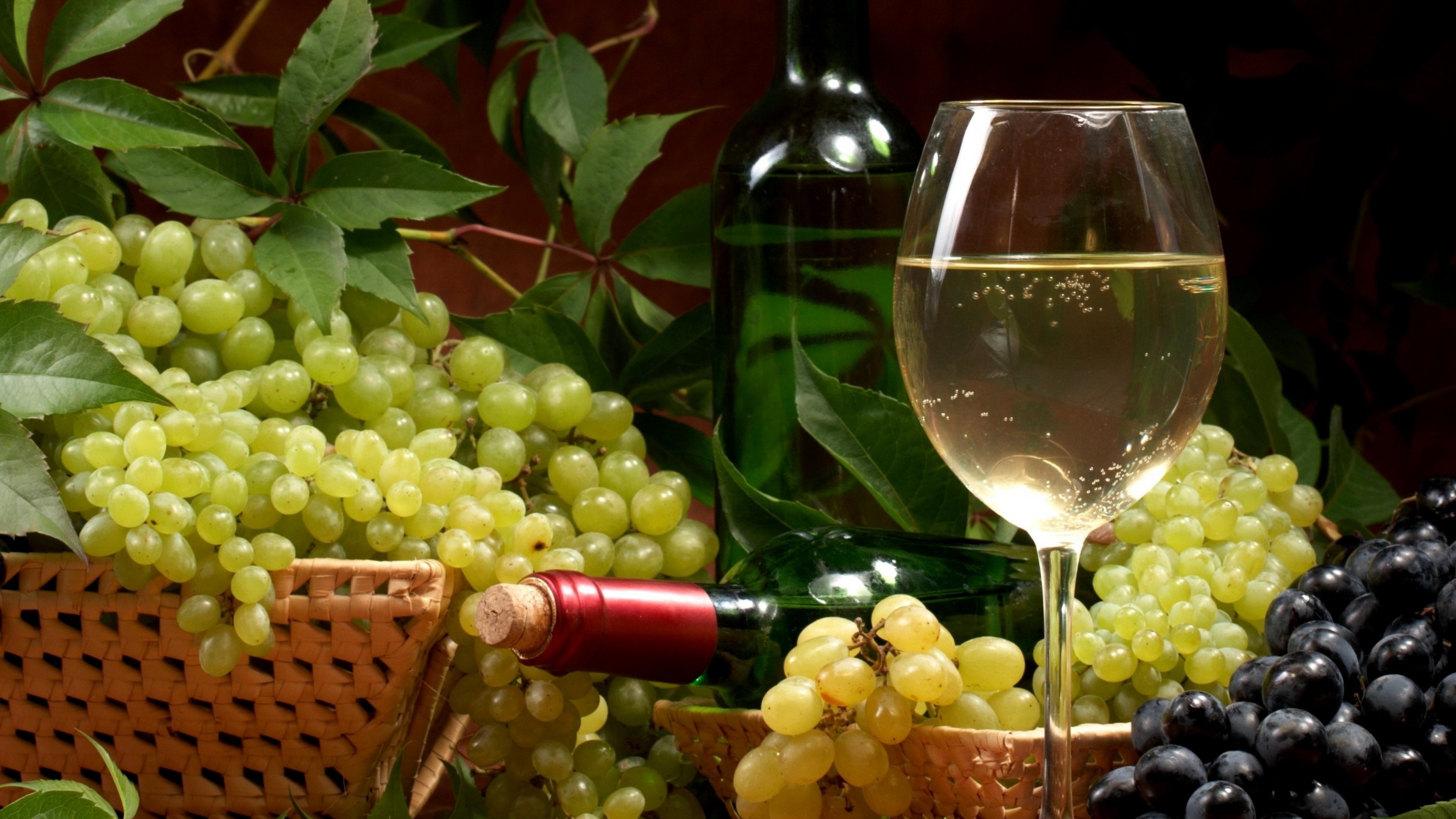 Vino bianco, Calice, Uva, Bottiglie, Cesto, 3840x2160, immagine di sfondo