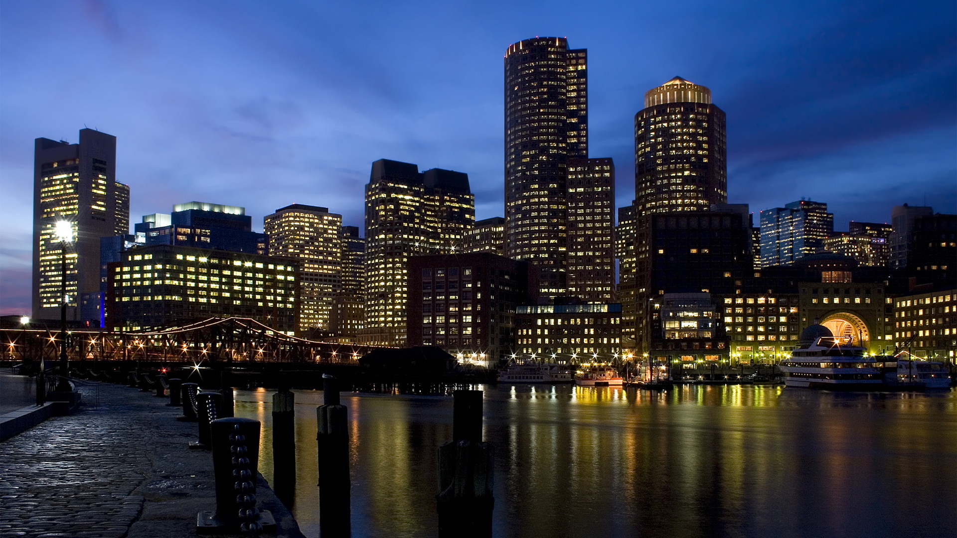 Boston, Skyline, Notte, Porto, sfondo Full HD per desktop