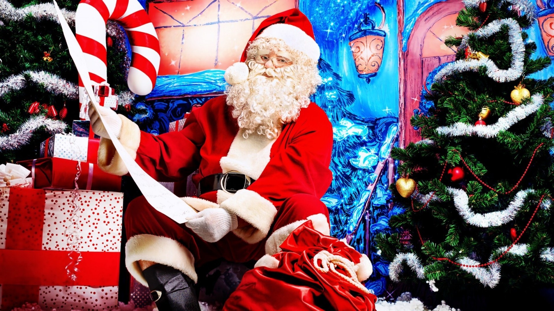 Babbo Natale, Lista dei regali, Albero di Natale, Bastoncino di zucchero, sfondo per portatile