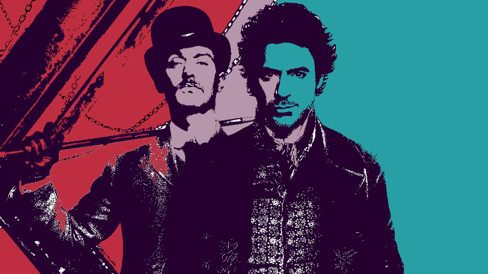 Sherlock Holmes, Robert Downey Jr., Jude Law, Pop art, Turchese, sfondo Full HD per PC