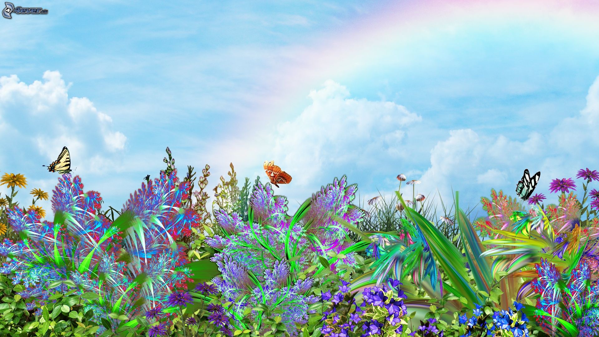 Farfalle, Arcobaleno, Prato fiorito, Illustrazione, 1920x1080, immagine di sfondo