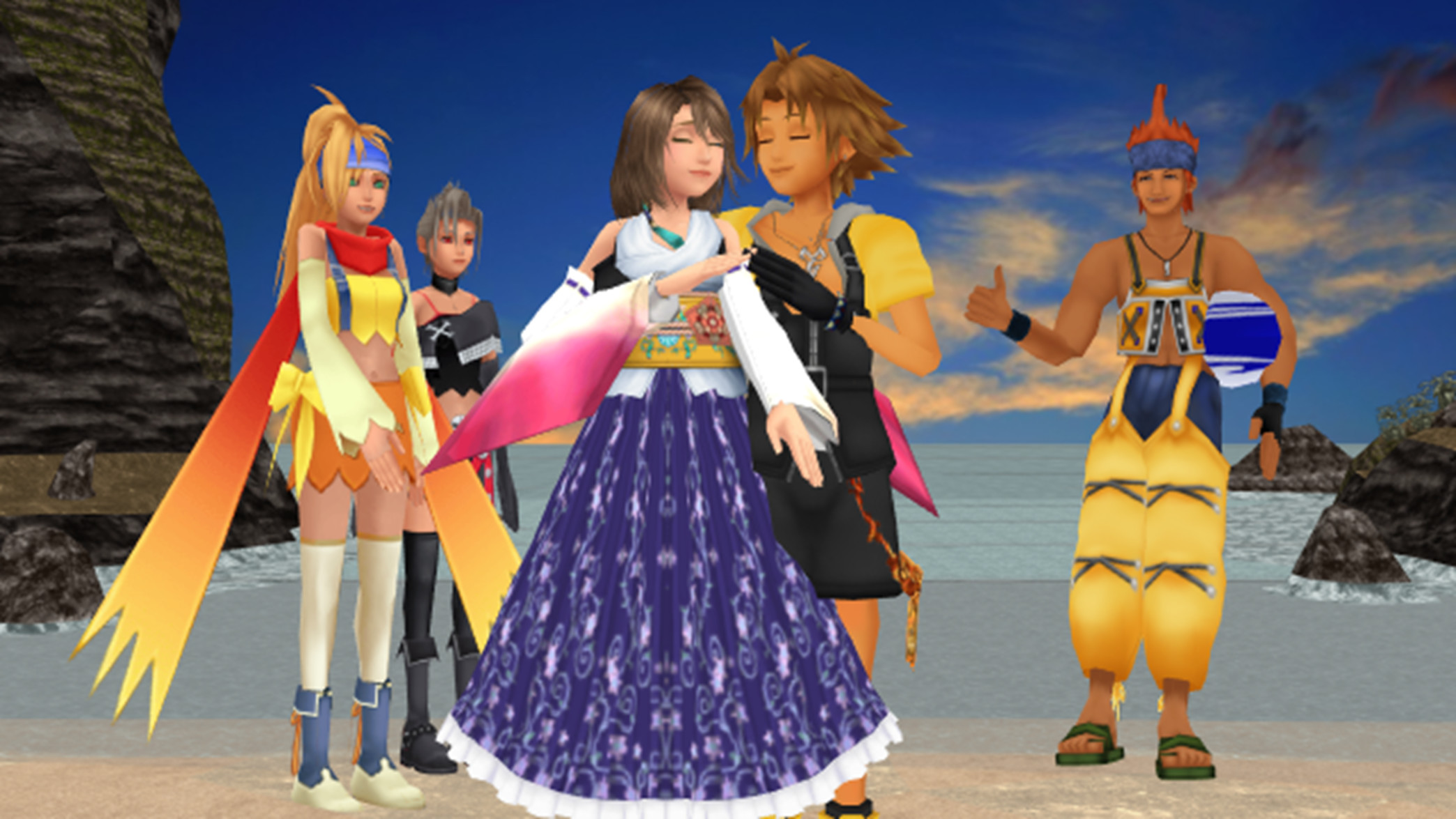 Yuna, Tidus, Rikku, Wakka, Paine, Final Fantasy X-2, Spiaggia, Full HD, sfondo per PC e portatile