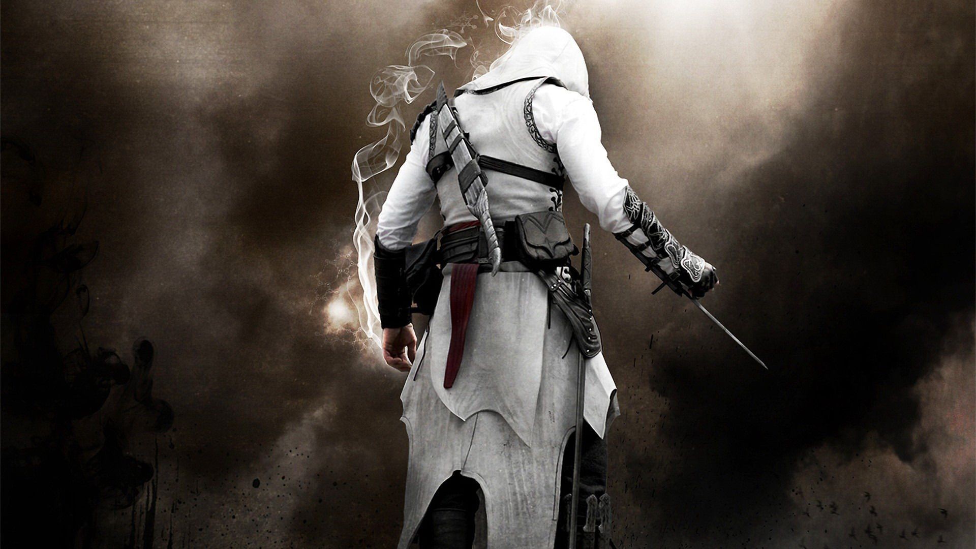 Altaïr Ibn-La'Ahad, Assassin's Creed, Lama celata, Vista posteriore, Nuvole, sfondo Full HD