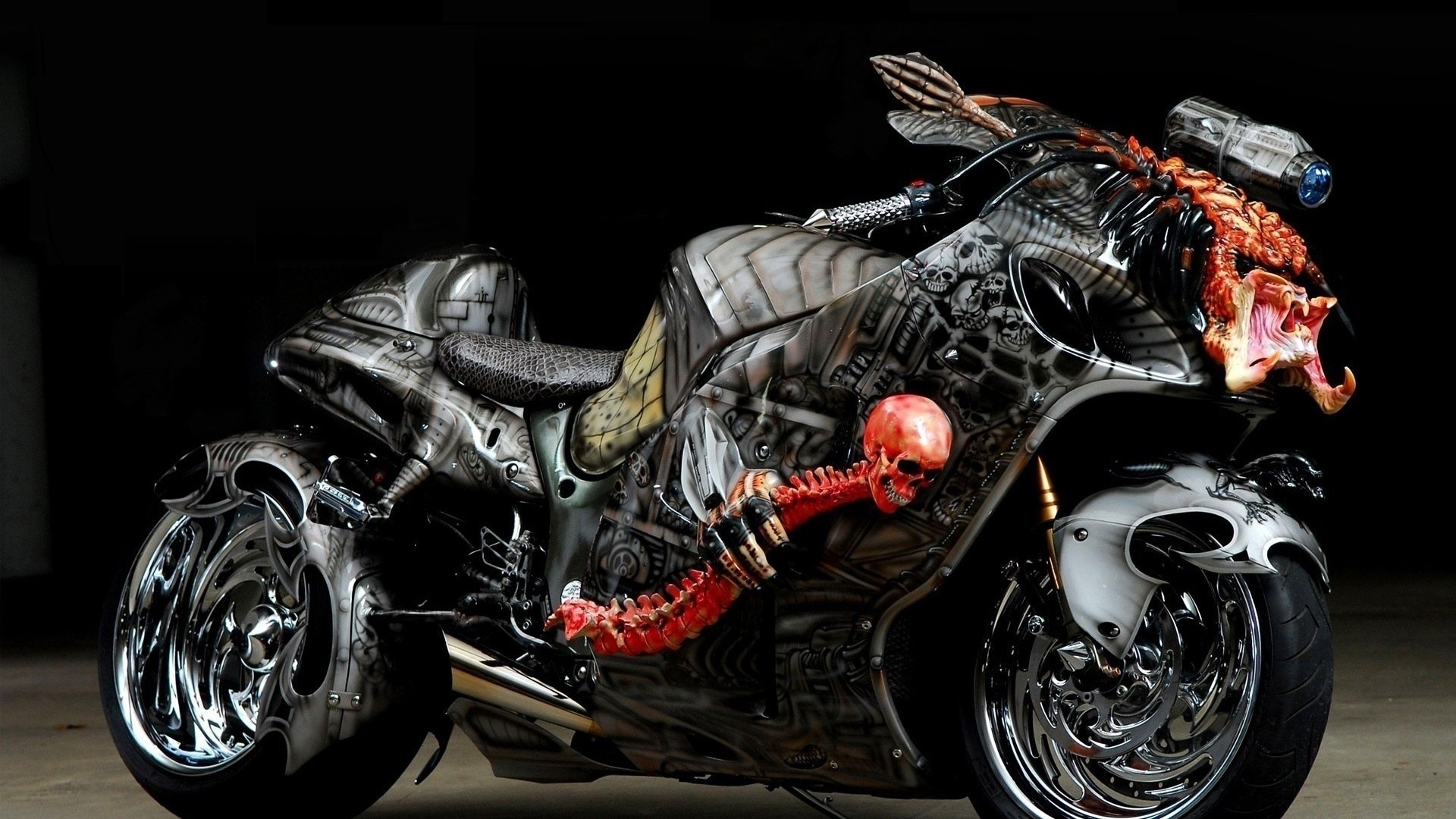 Moto personalizzata, Aerografia teschi, Sportiva, Cromature, 1920x1080, sfondo per PC
