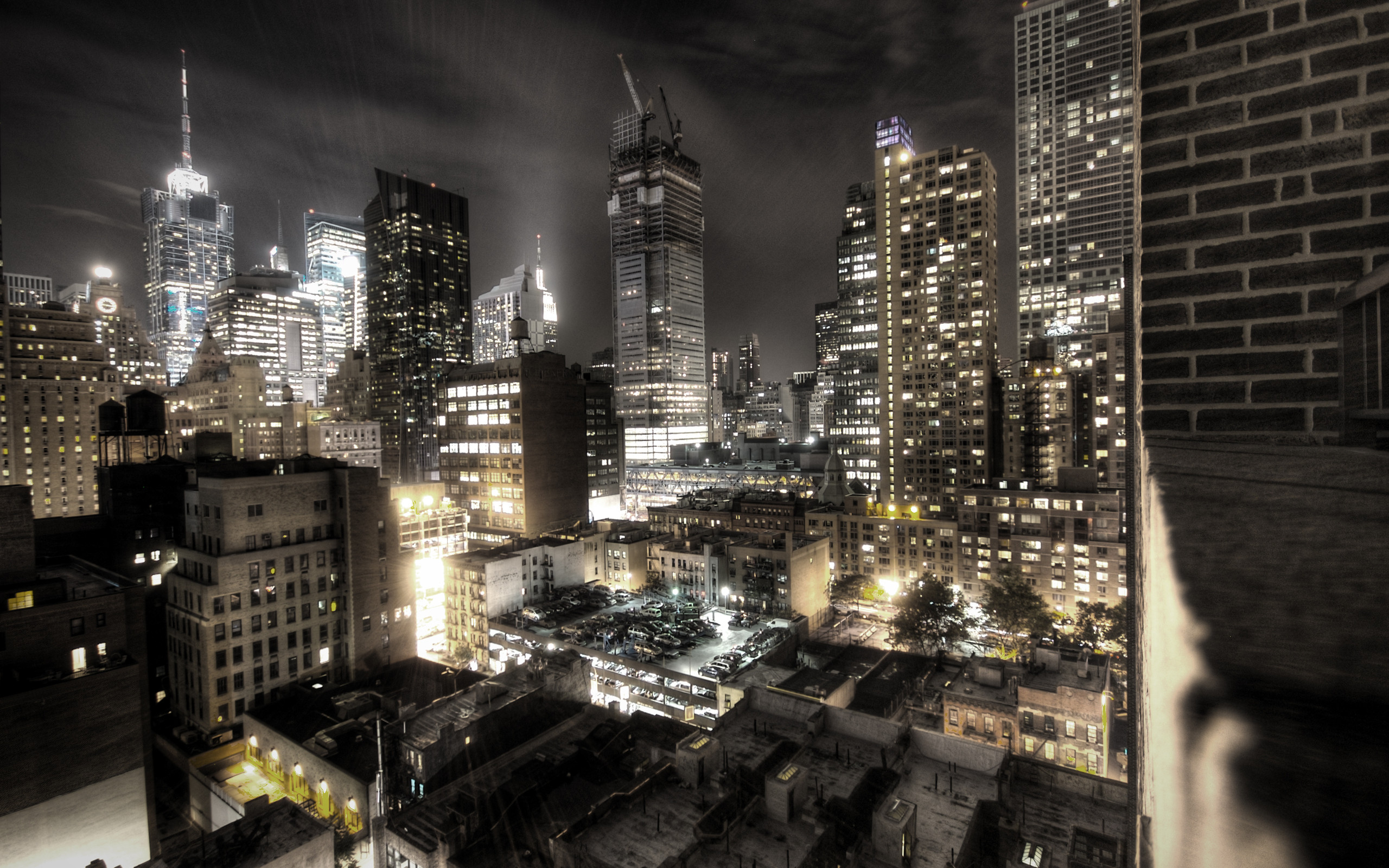 Manhattan, Grattacieli, Bianco e nero, Notte, 2K, sfondo Windows 11