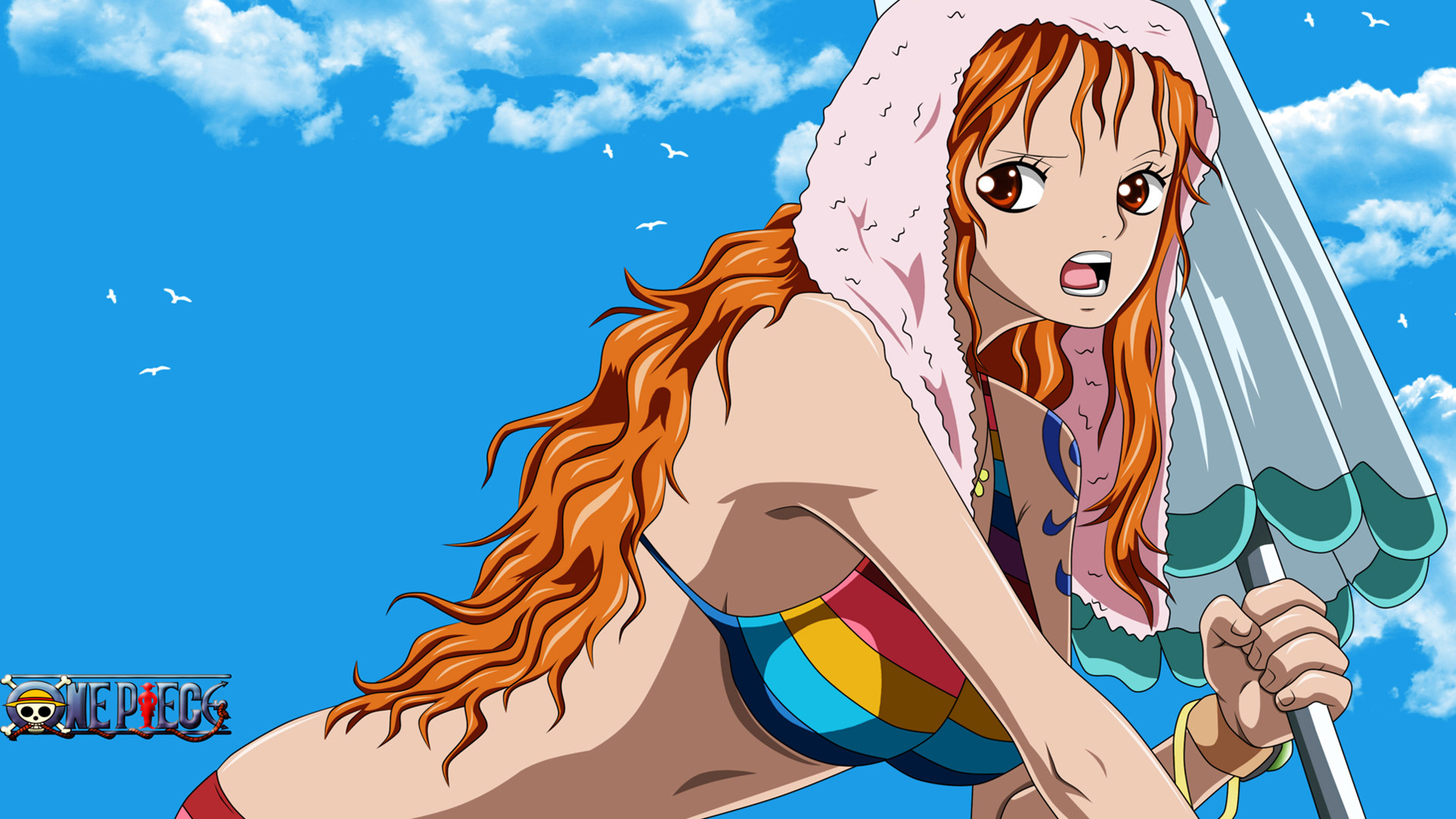 Nami, Bikini, Ombrellone, Logo One Piece, One Piece, 16:9 Full HD, wallpaper widescreen
