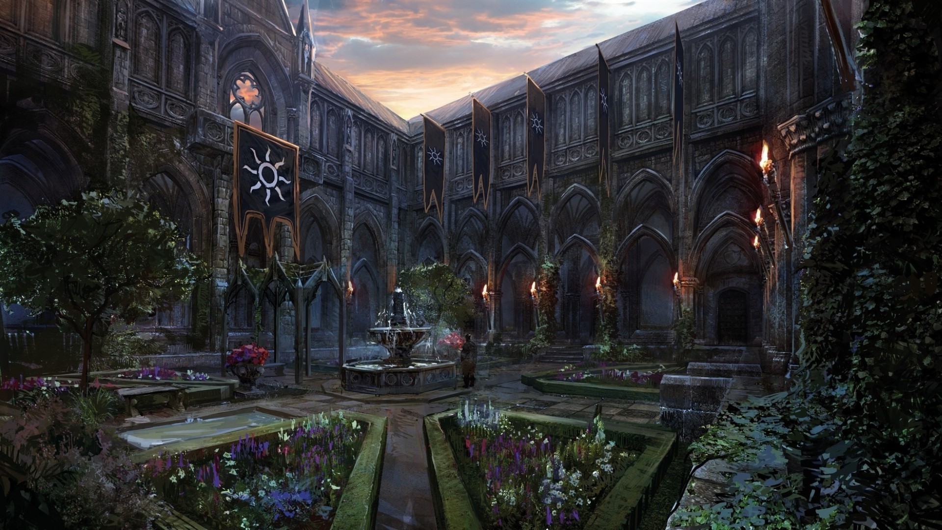 Dragon Age: Inquisition, Skyhold, Giardino, Chiostro, Fontana, Full HD, sfondo Windows 11