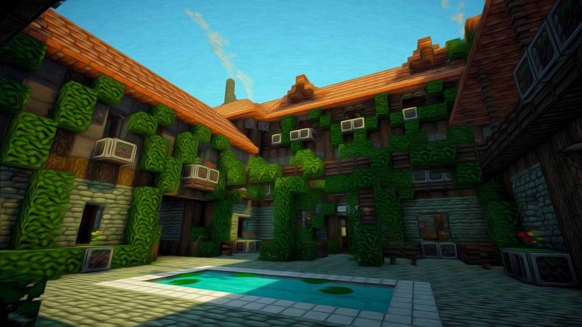 Minecraft, Villa, Piscina, Cortile, Full HD, sfondo per PC