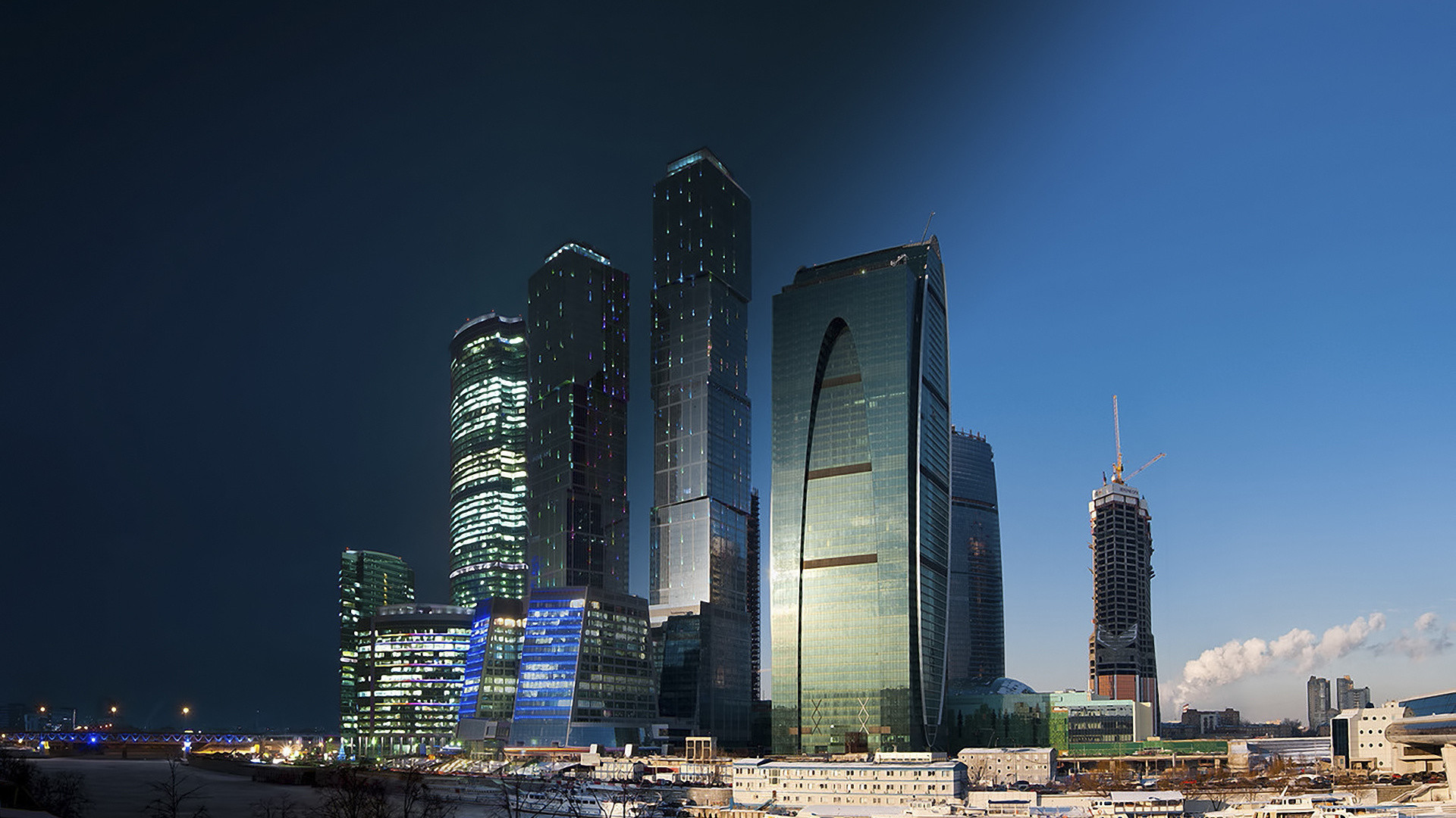 Moscow City, Mosca, Grattacieli, Notte, 16:9 Full HD, sfondo widescreen