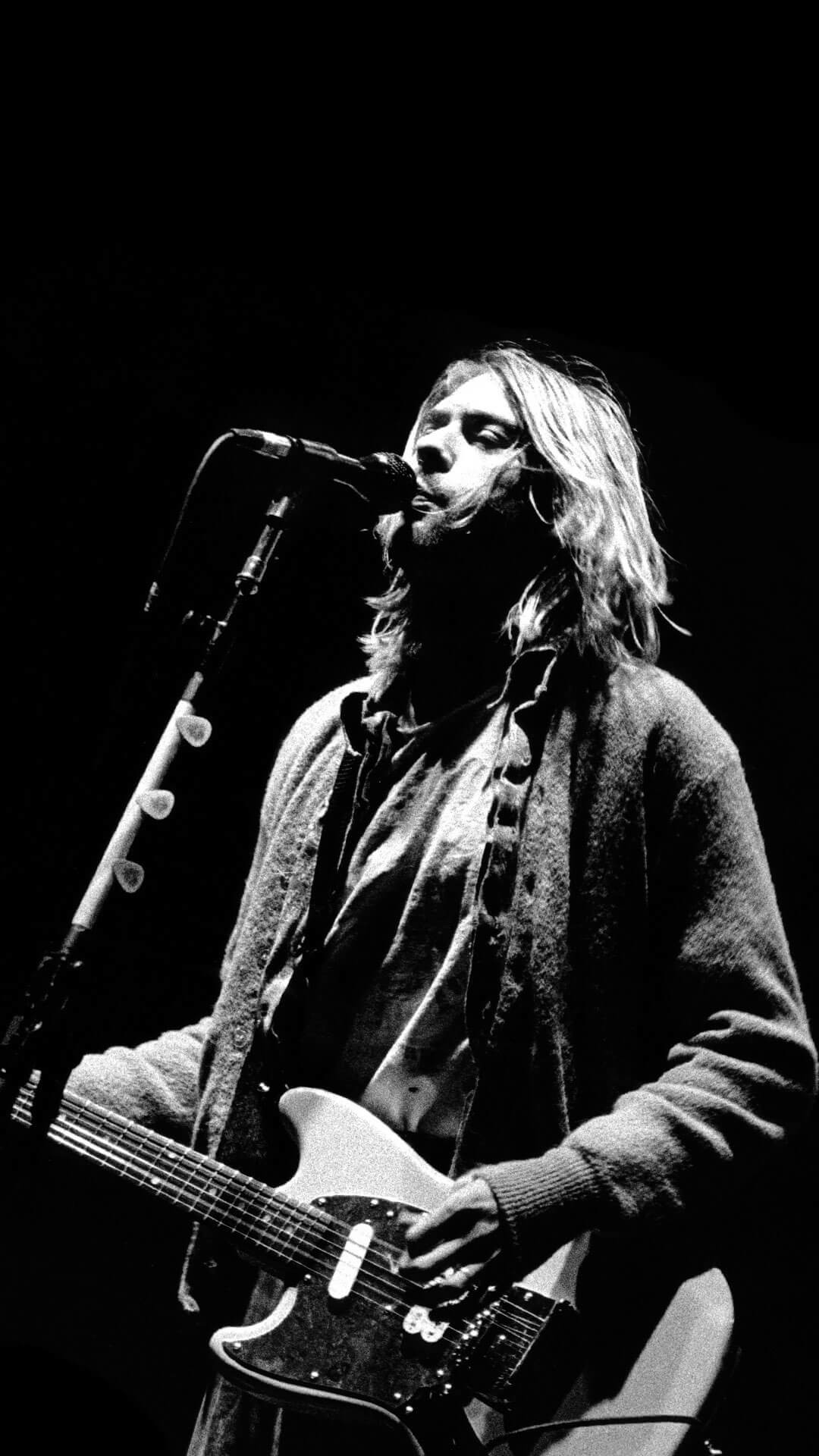 Kurt Cobain, Nirvana, Concerto, Microfono, Bianco e nero, 1080x1920, schermata di blocco iPhone