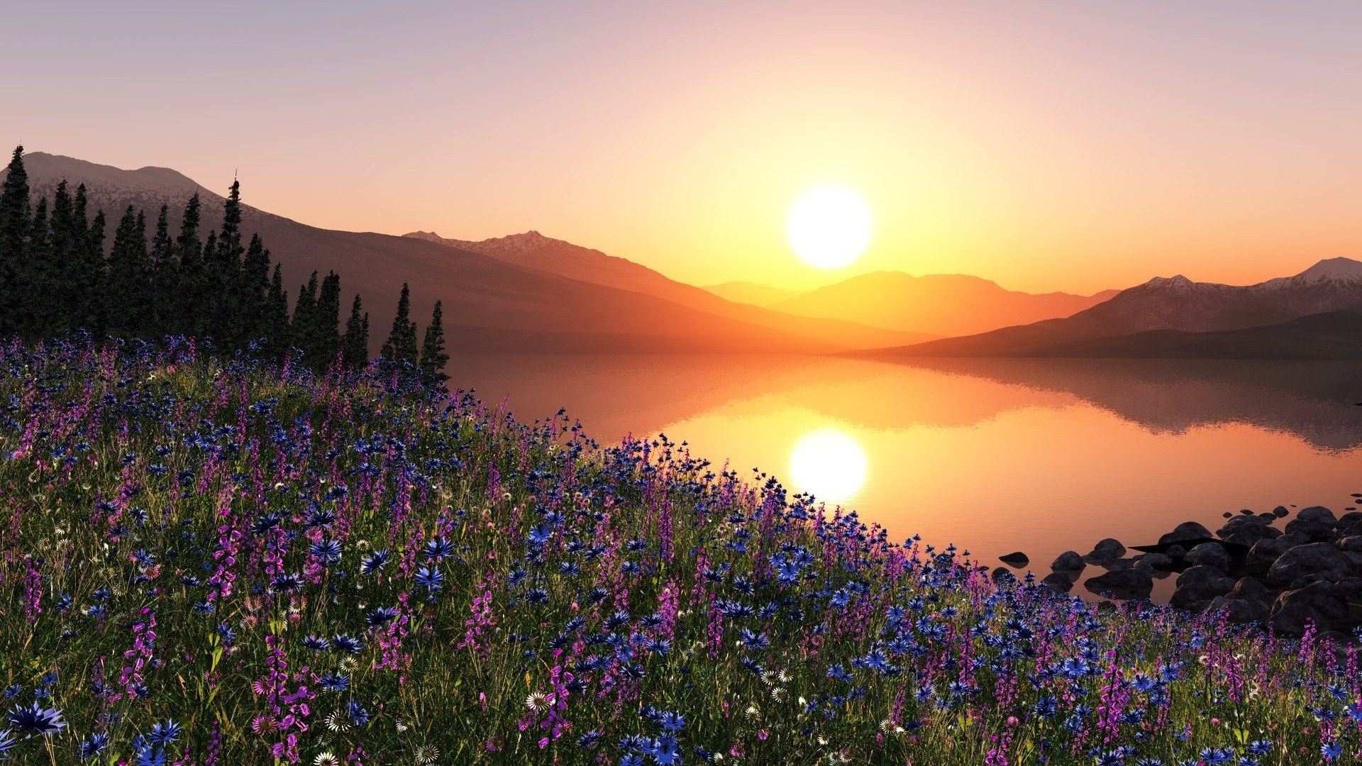 Lago, Tramonto, Fiori di campo, Montagne, Full HD 1080p, sfondo desktop