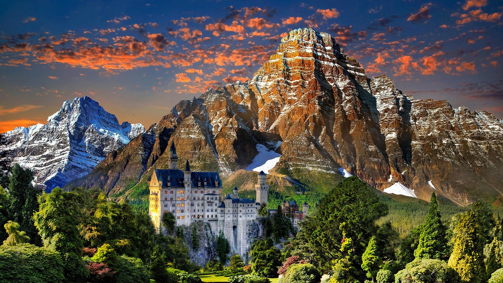 Castello di Neuschwanstein, Baviera, Montagne, Fotomontaggio, Full HD, wallpaper per portatile