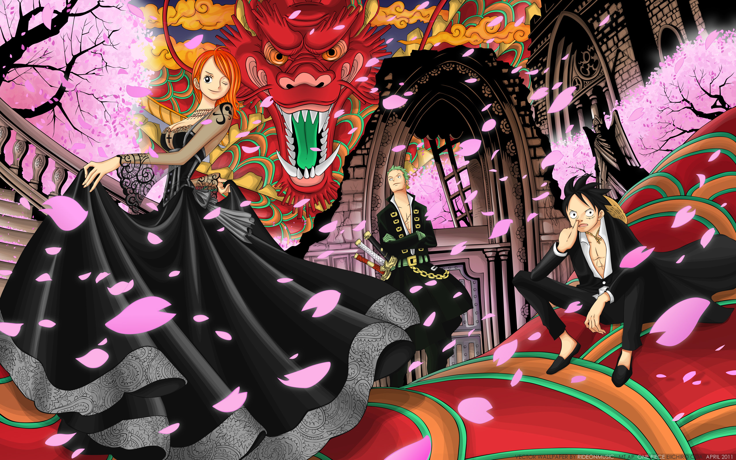 Nami, Ciurma di Cappello di Paglia, Fiori di ciliegio, Drago, One Piece, sfondo 2K per PC