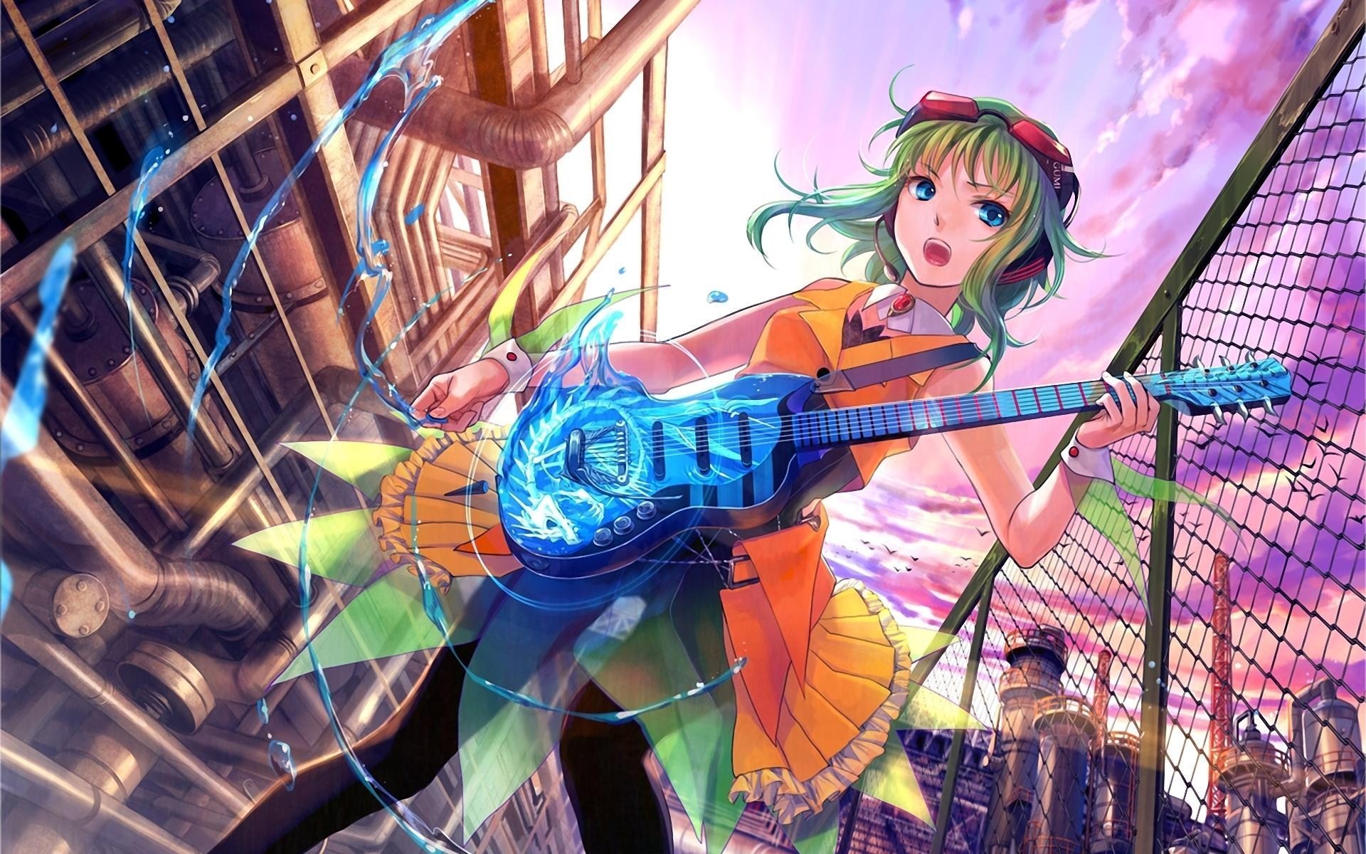Gumi, Vocaloid, Chitarra elettrica, Città, Full HD, sfondo per PC e portatile
